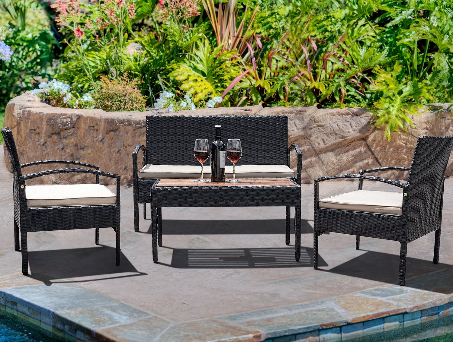 LACOO 4 Pieces Outdoor Furniture Set Patio Rattan Chair Set Wicker Conversation Set with Loveseat and Wood Table, Black/Beige