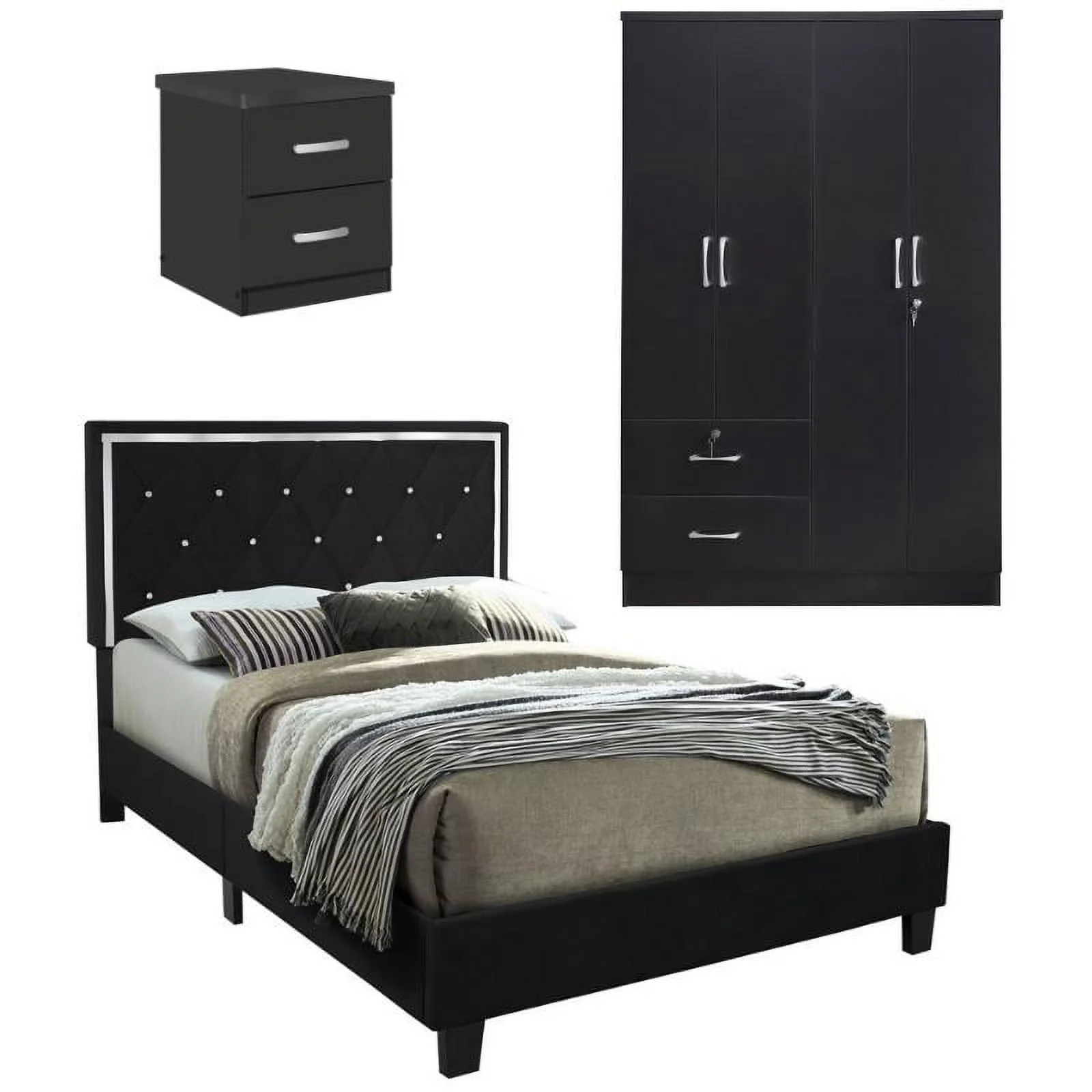 Home Square 3-Piece Set with Queen Bed Armoire and 2-Drawer Nightstand in Black