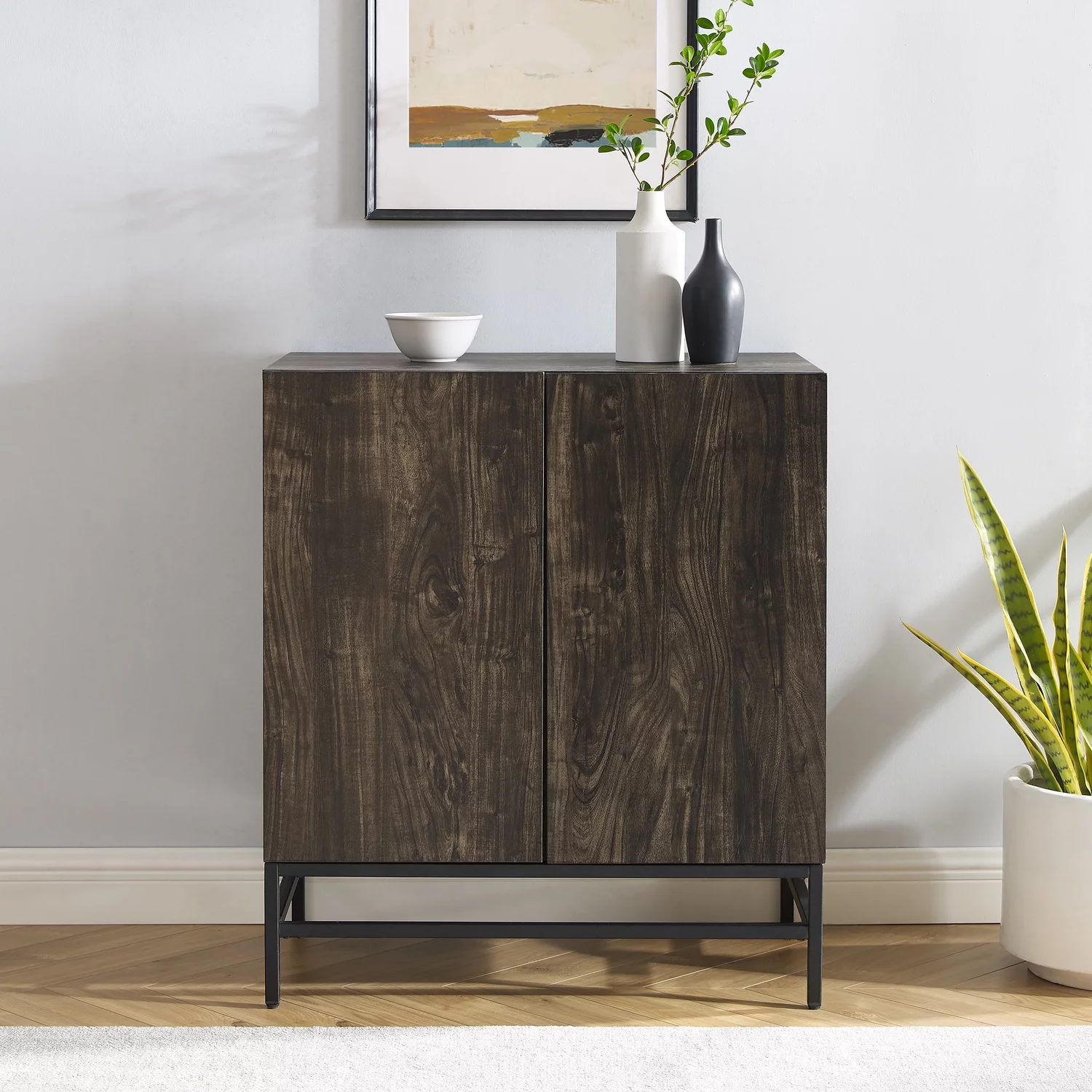 Crosley Furniture Jacobsen Wood Bar Cabinet in Brown Ash/Matte Black