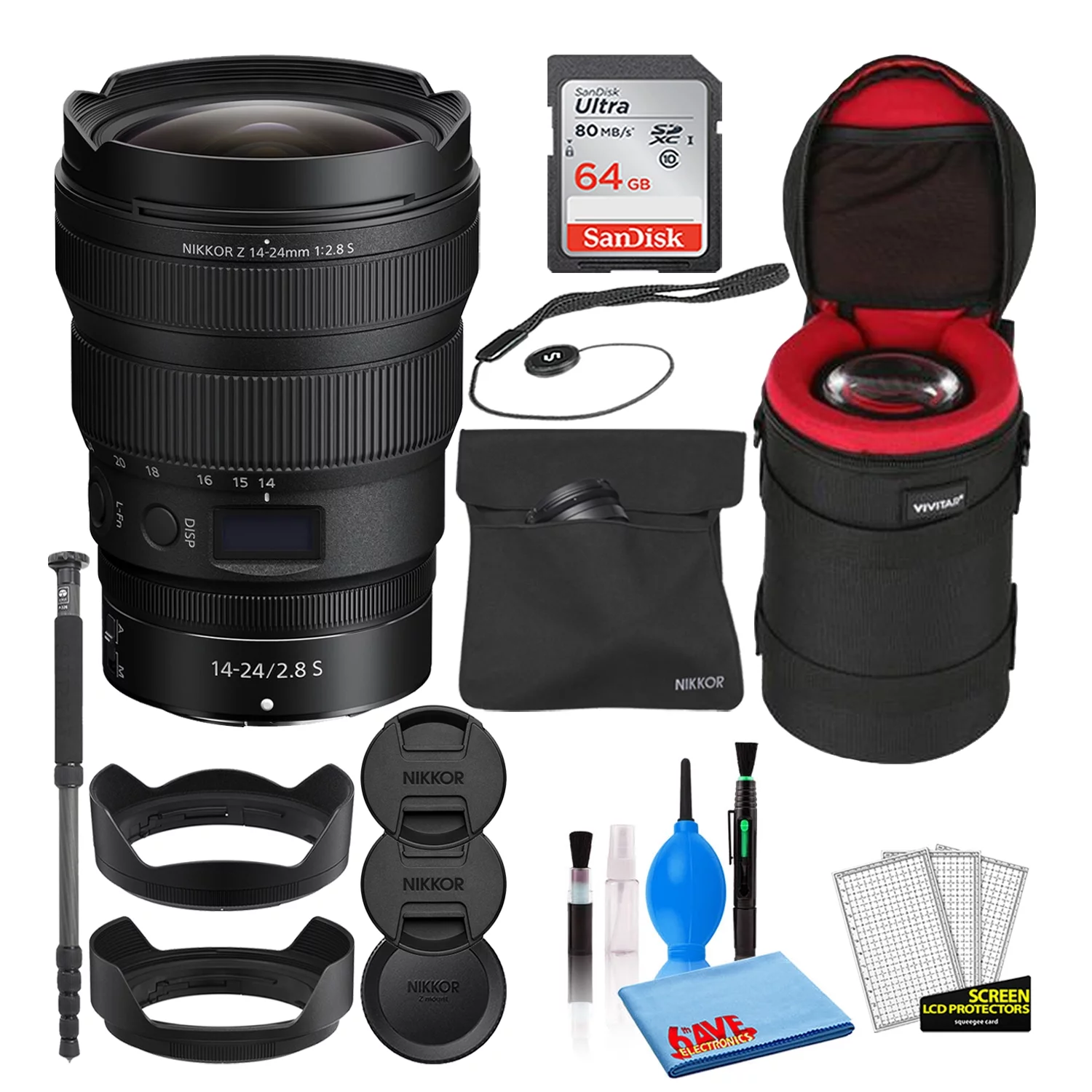 Nikon NIKKOR Z 14-24mm f/2.8 S Zoom Lens (20097) Bundle with 64GB Ultra SDHC Memory Card + Padded Lens Case + 70-Inch Pro Monopod + Cap Keeper + Lens Cleaning Kit