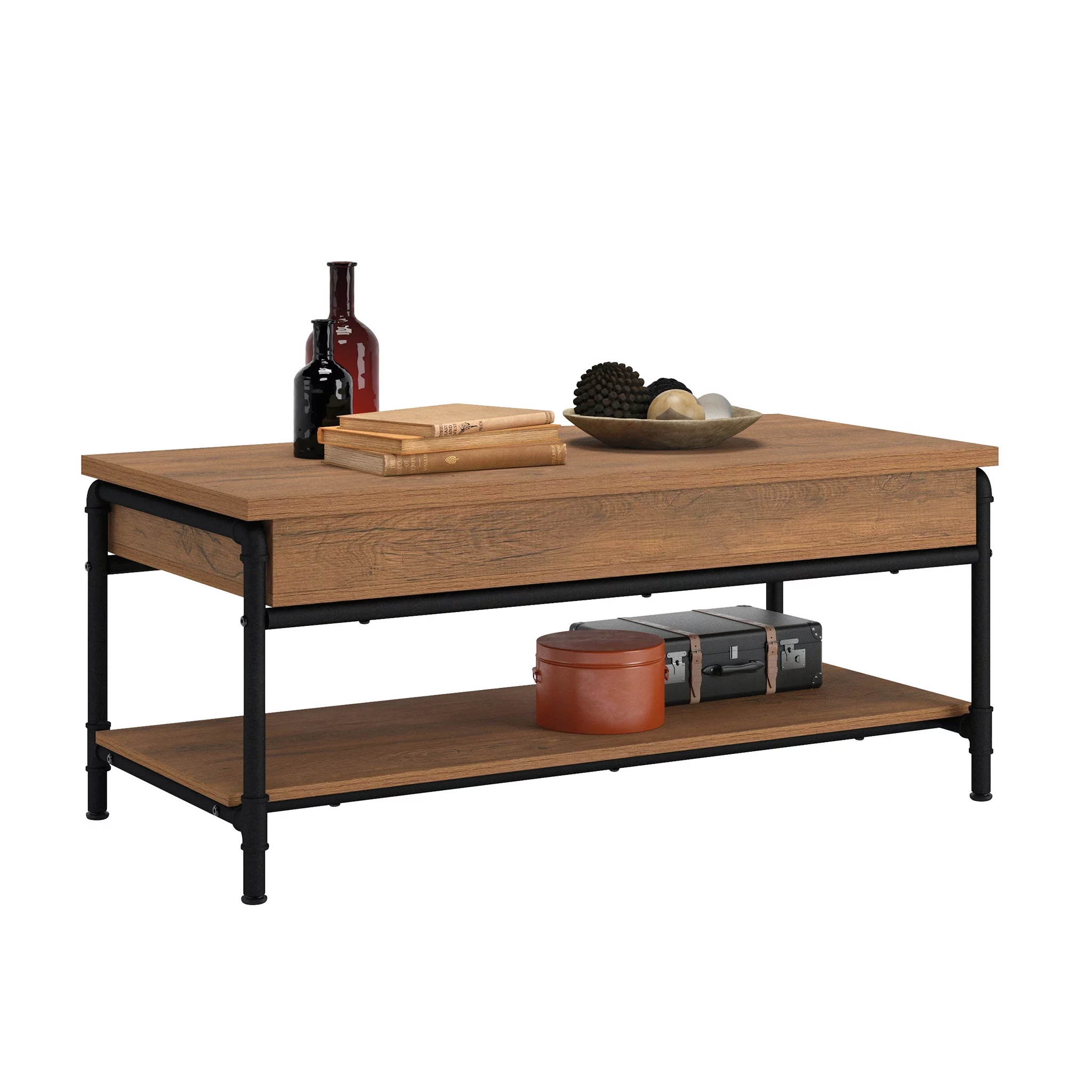 Sauder Iron City Industrial Pipe Lift-Top Coffee Table, Checked Oak Finish