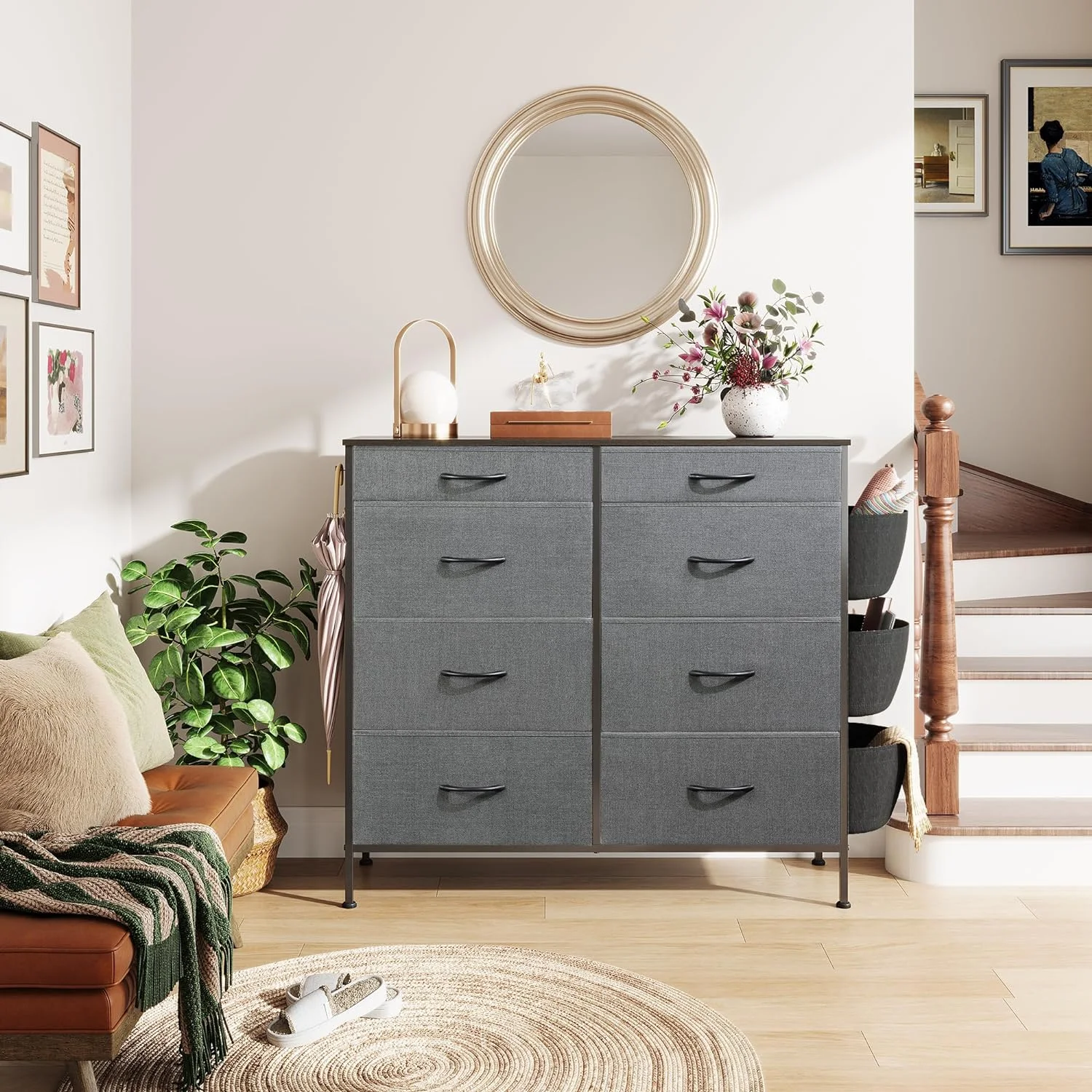 Dresser for Bedroom with 8 Drawers, Tall Storage Tower with Drawer Organizers, Side Pockets and Hooks, Fabric Dresser, Chest of Drawers for Living Room, Closet, Hallway, Dark Grey