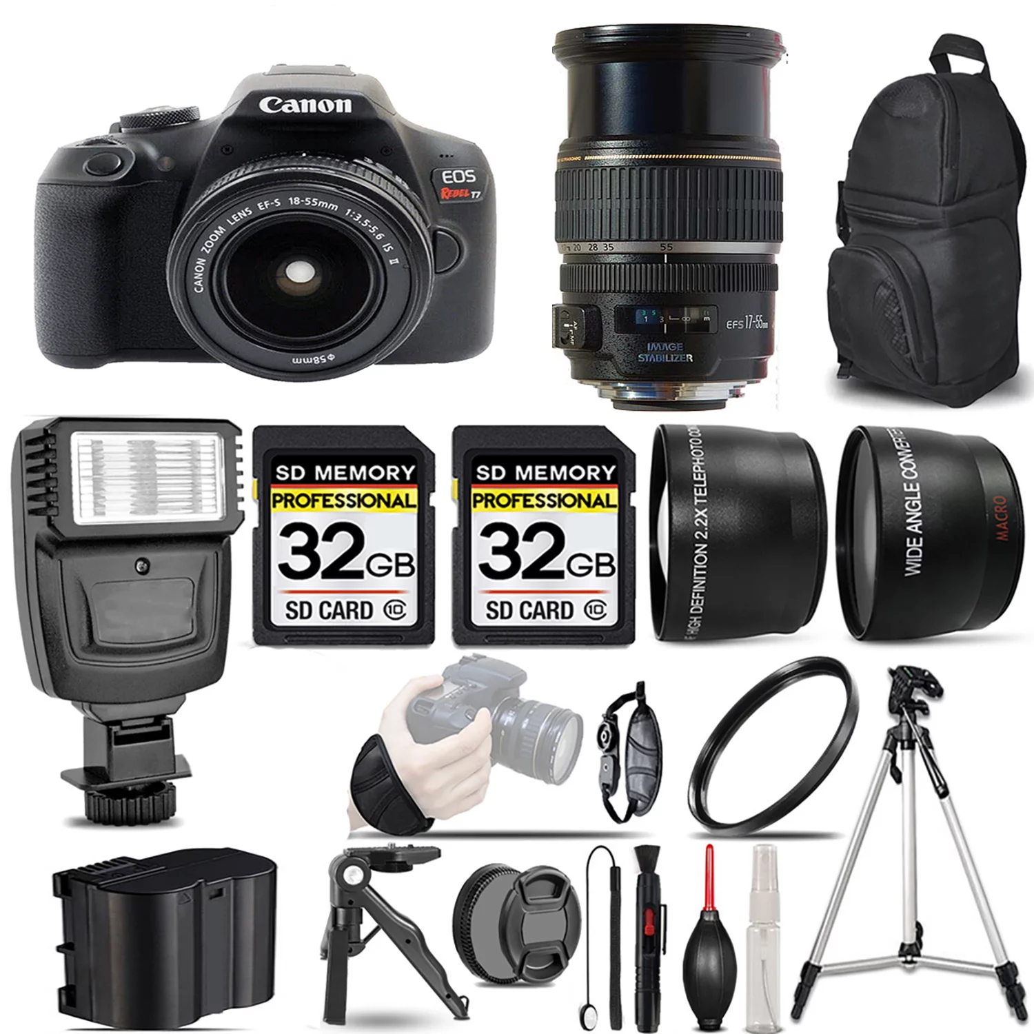 Canon EOS Rebel T7 DSLR Camera with 18-55mm Lens +17-55mm f/2.8 IS USM Lens +Flash +64GB- Kit