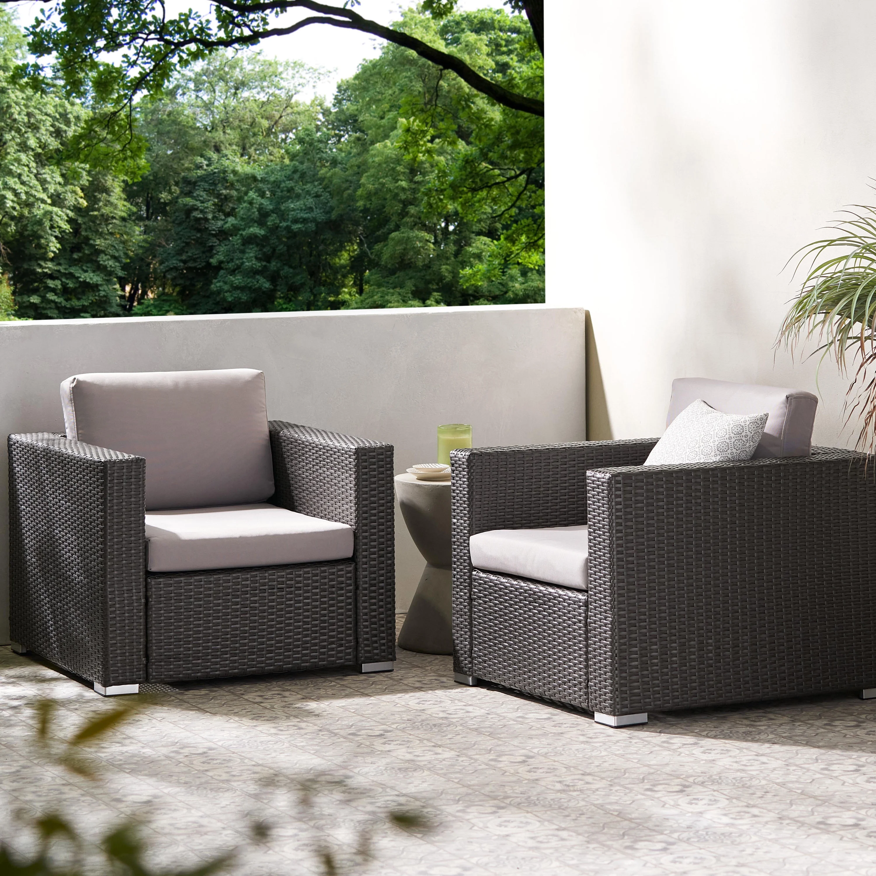 GDF Studio Avianna Outdoor Wicker Club Chair with Cushions, Set of 2, Gray, Light Gray