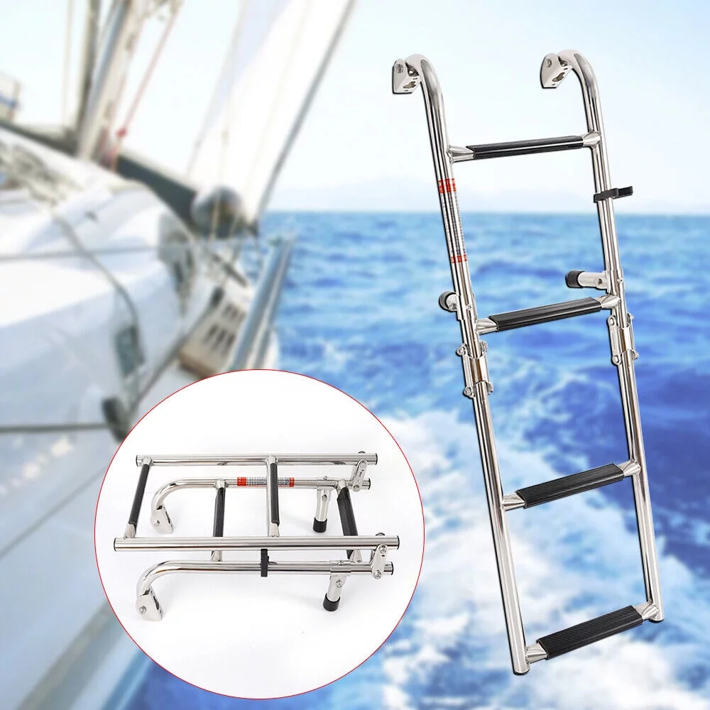 ZhdnBhnos 4 Step Boat Ladder Folding Pontoon Ladder Stainless Steel Telescopic Marine Boat Ladder