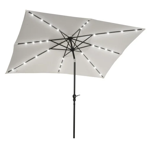 Buumin Outsunny 9' x 7' Solar Umbrella, LED Lighted Patio Umbrella for Table or Base with Tilt & Crank, Outdoor Umbrella for Garden, Deck, Backyard, Pool, Beach, White