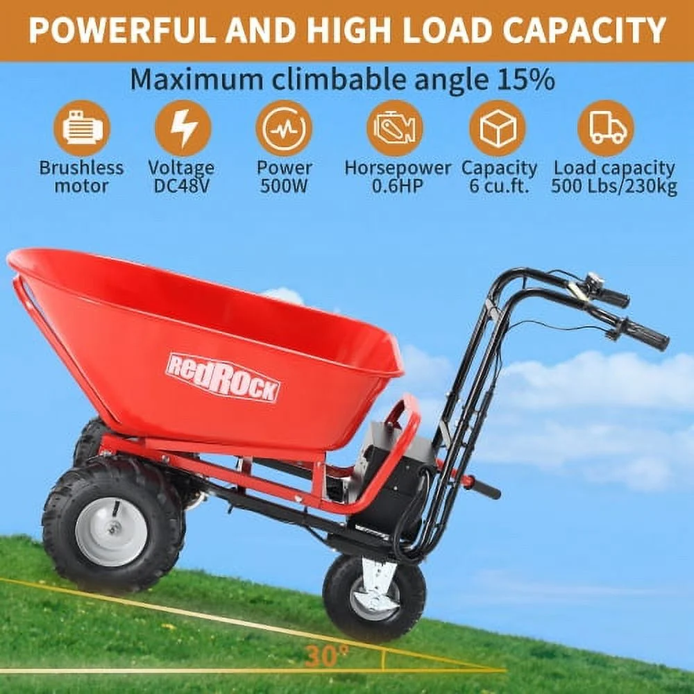 RedRock Wheelbarrow Utility Cart Electric Powered Cart 48V28Ah 500W Capacity 500lbs (230kg) Material Debris Hauler 1000lbs Towing