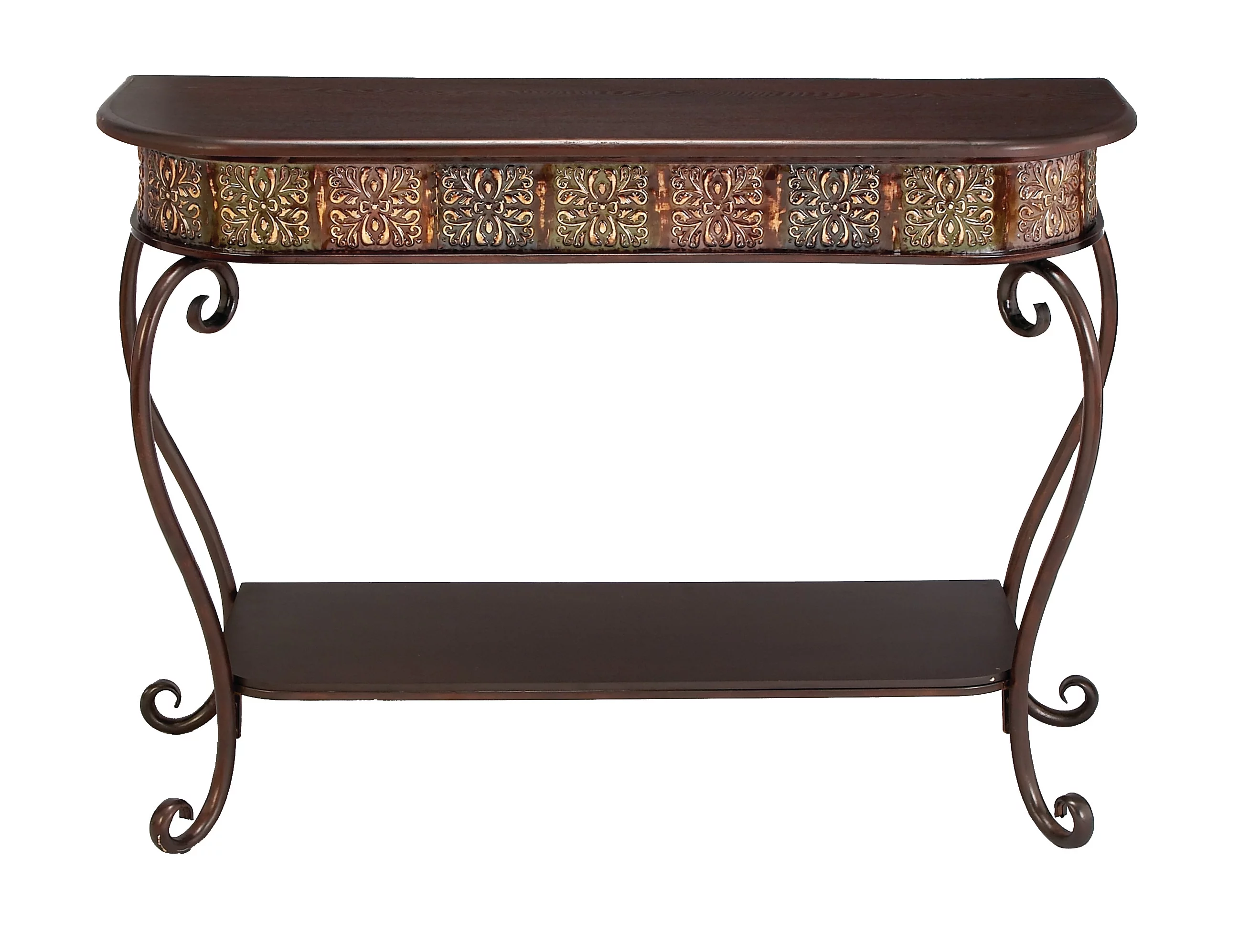DecMode Traditional Brown Wood and Metal Console, Entryway, Hallway Table with Ornate Detailing and Round Edges, 43