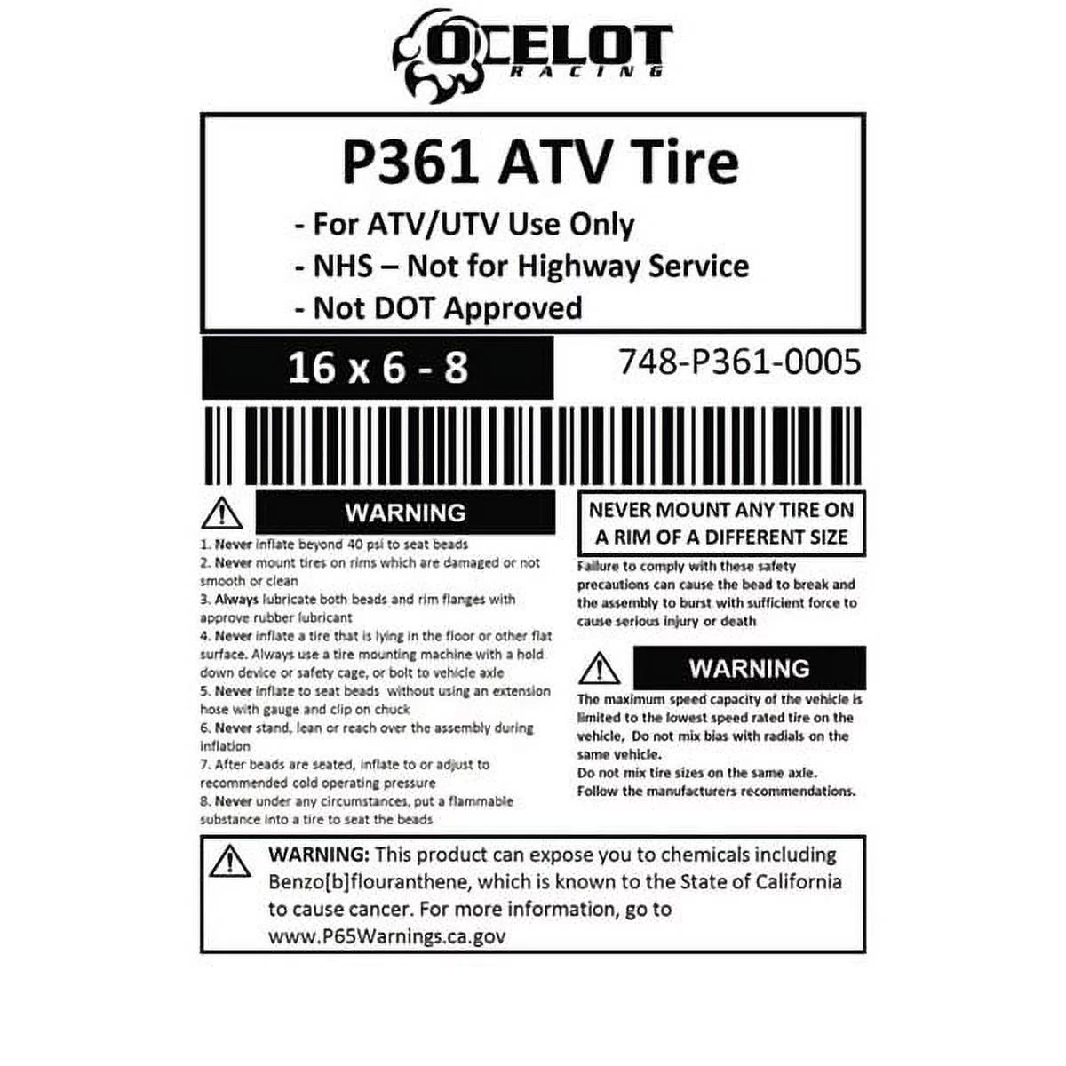 16 x 6 - 8 Ocelot P361 ATV Tire