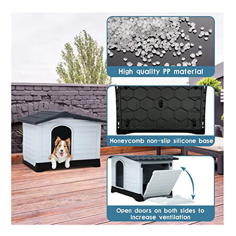 Dog House, 26 Inch High Indoor Outdoor Pet Kennel with Air Vents and Elevated Floor Ventilate Waterproof Plastic Dog House with Base Support for Any Season, Blue and white, 36 x 27 x 26 inches