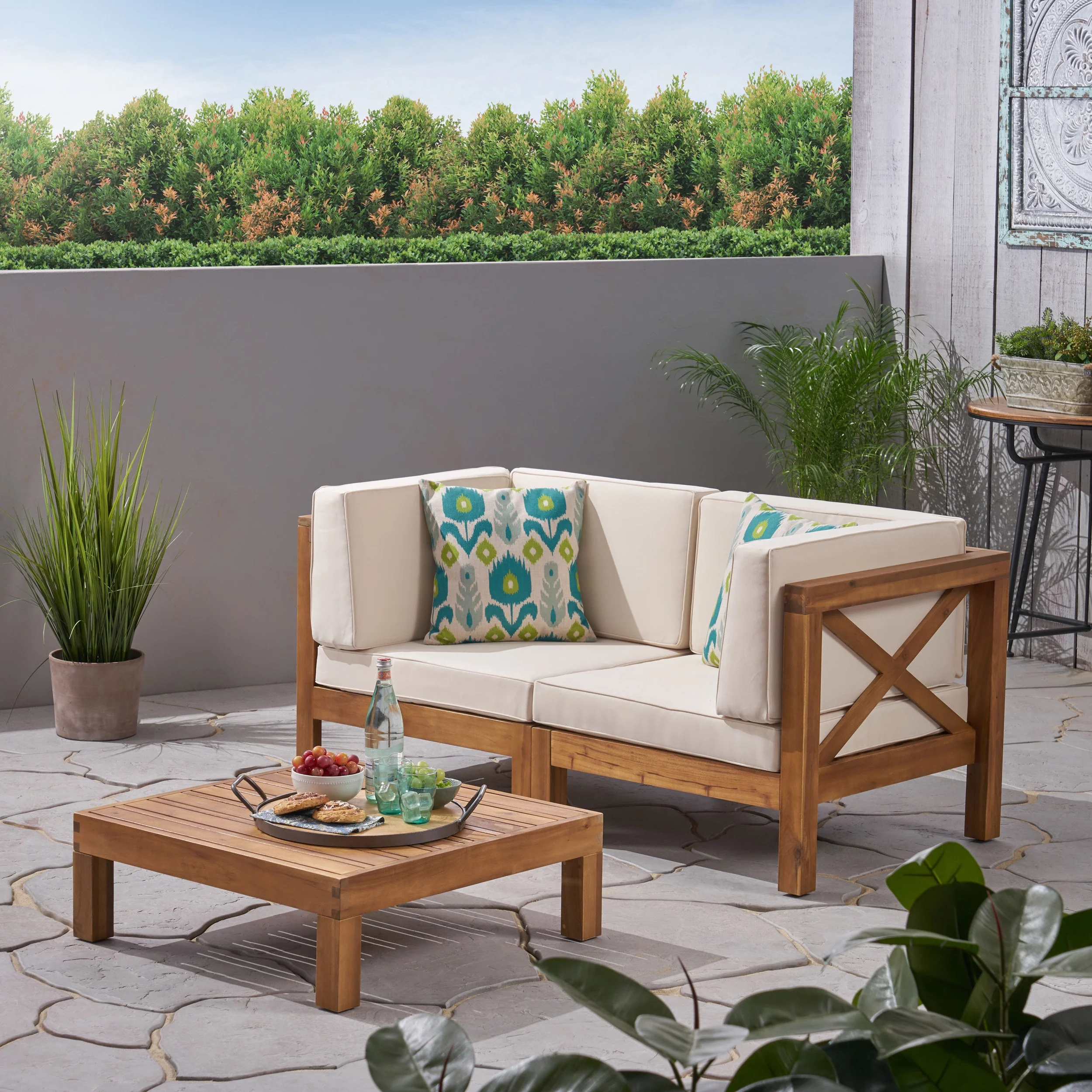 GDF Studio Keith Outdoor Modular Acacia Wood Loveseat and Coffee Table Set with Cushions, Beige
