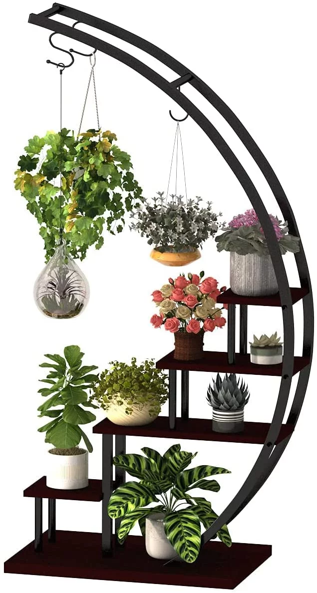 Tier Metal Plant Stand Creative Half Moon Shape Ladder Flower Pot Stand Rack for Home Patio Lawn Garden Balcony Holder Black (1 Pack)