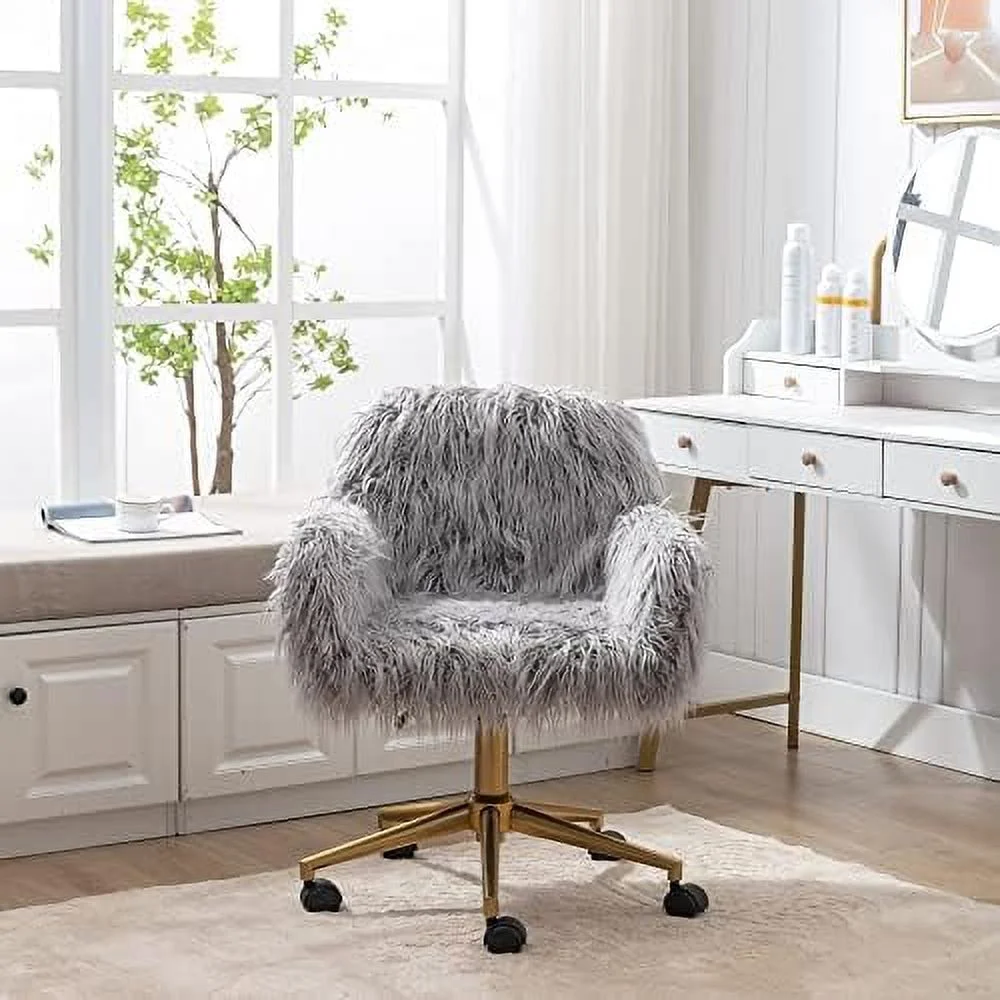 SQSFCB Fluffy Desk Chair  Faux Fur Furry Home Office Chair  Fuzzy Modern Swivel Armchair with Wheels  Height Adjustable Sturdy Silver Base for Girls Teens Vanity  Dressing Room  Bedroom