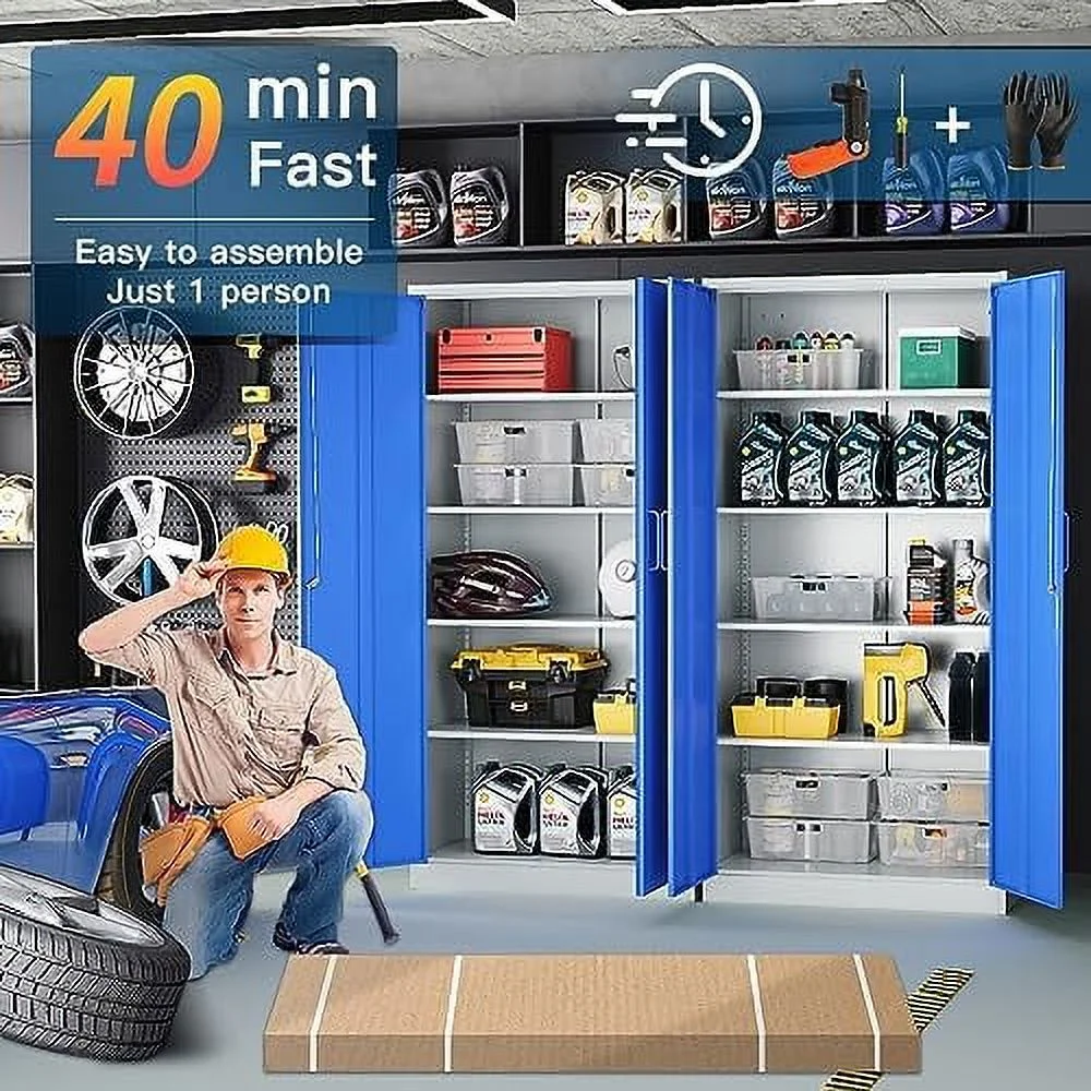 HOOMHIBIU Metal Garage  Cabinet with 2 Doors and 5 Adjustable Shelves - 71" Steel Lockable File Cabinet Locking Tool Cabinets for Office Home Garage Gym School (Gray Black)