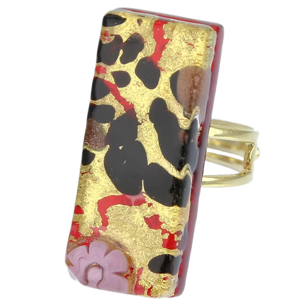 GlassOfVenice Murano Glass Venetian Reflections Rectangular Adjustable Ring - Gold Millefiori