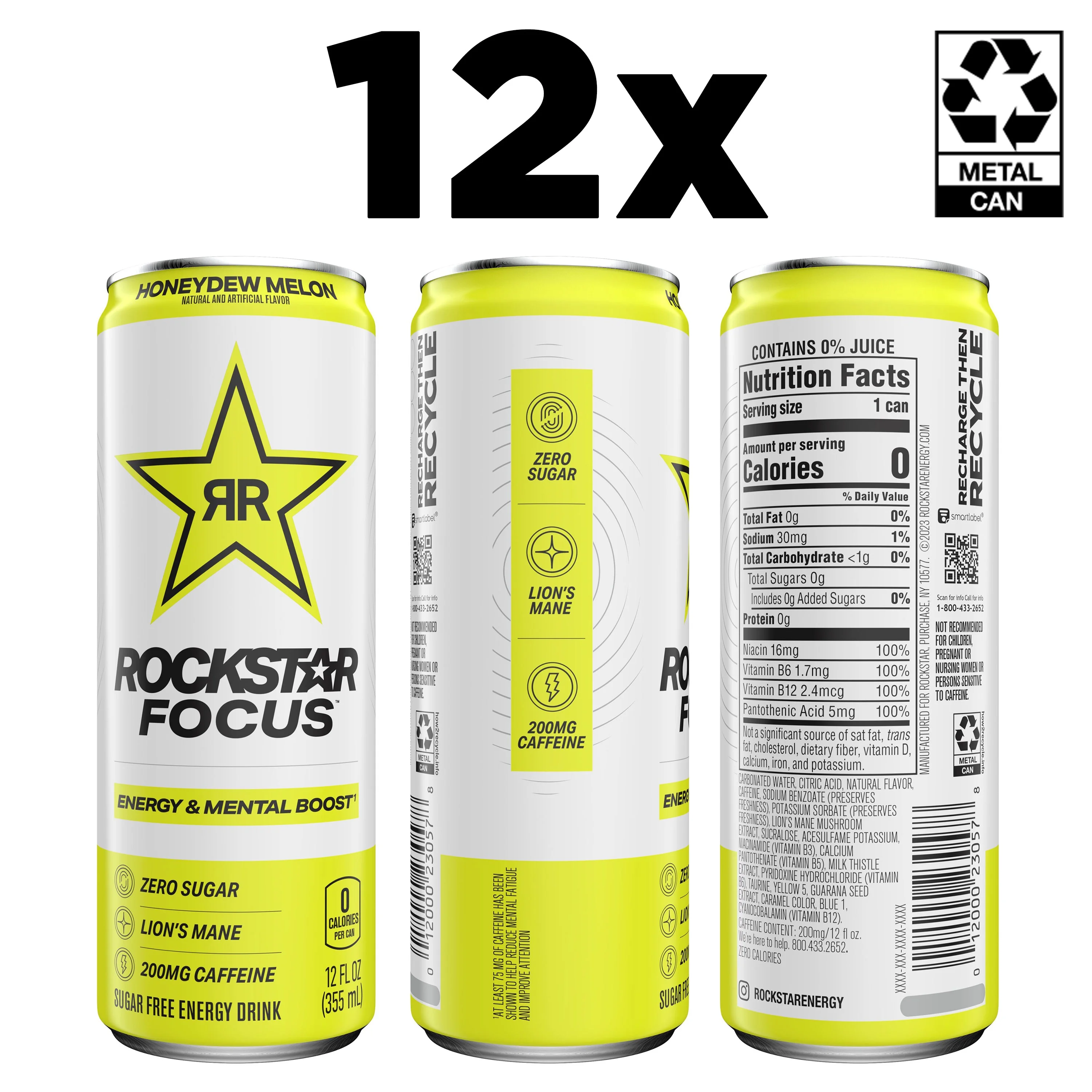 Rockstar Focus Zero Sugar Energy Drink, Honeydew Melon Flavor, Lion’s Mane, Energy & Mental Boost, 12 oz 12 Pack Cans