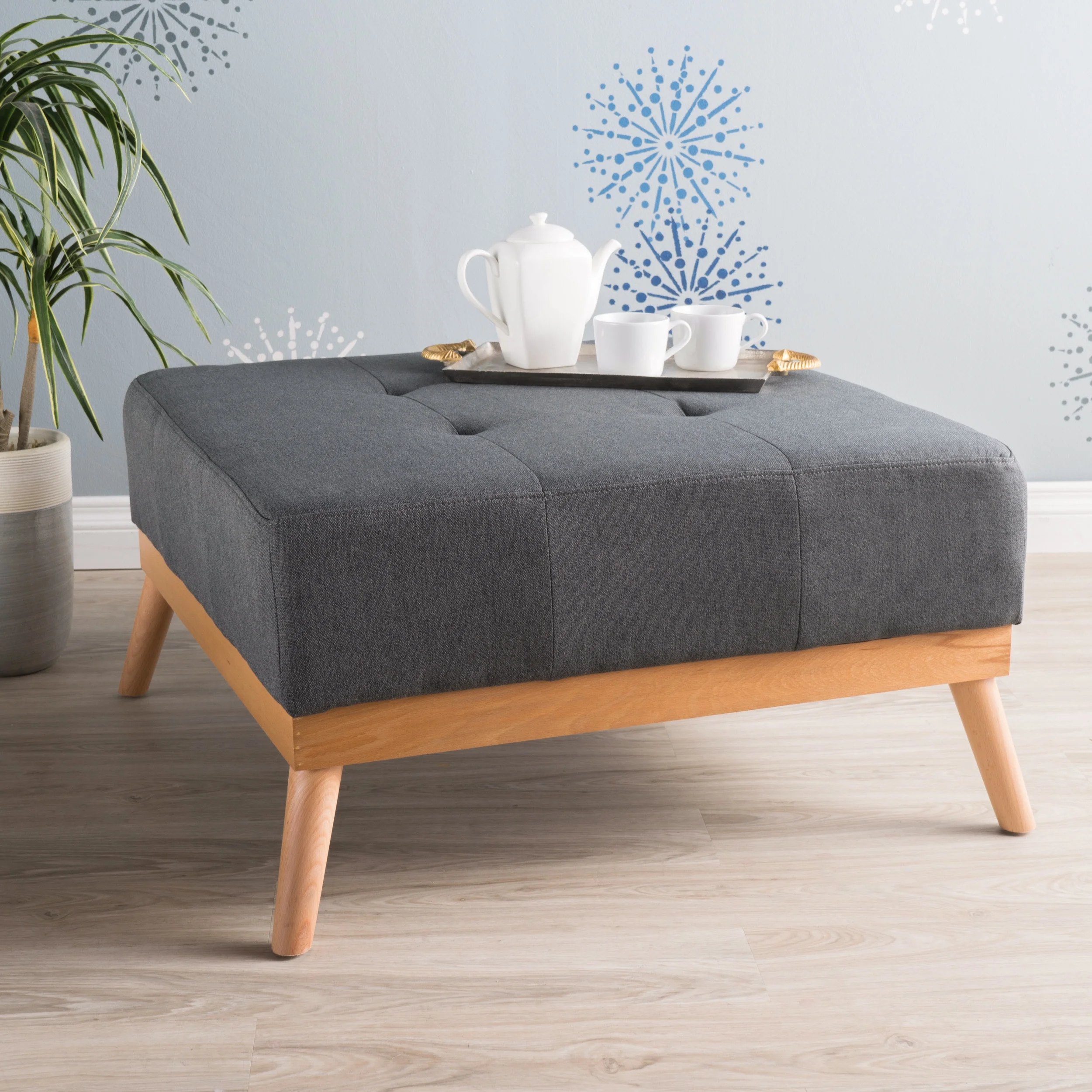 LEYCAY Large Square Ottoman Coffee Table, Upholstered Button Tufted Ottoman with Solid Wood