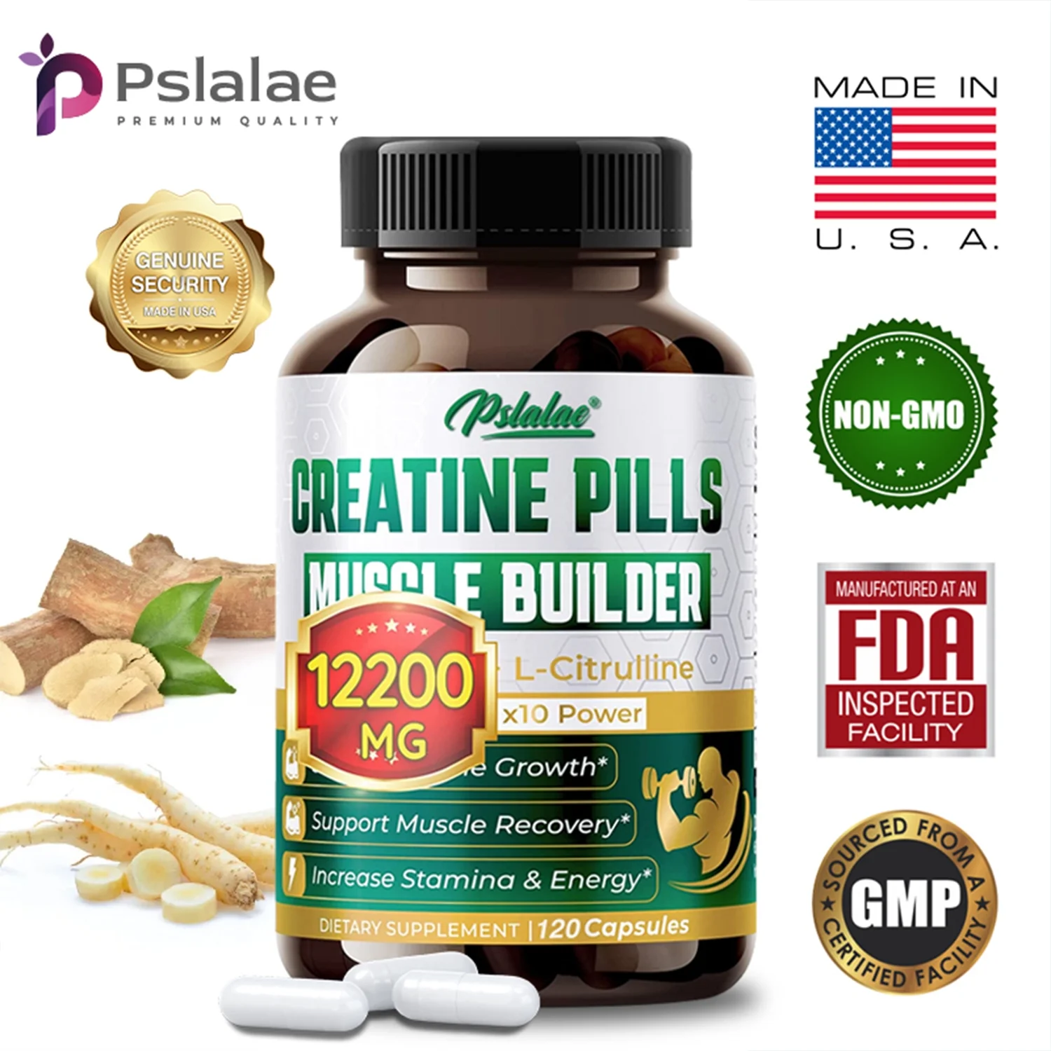 Pslalae Creatine Monohydrate - Energy & Endurance, Muscle Health, Testosterone Booster(30/60/120pcs)