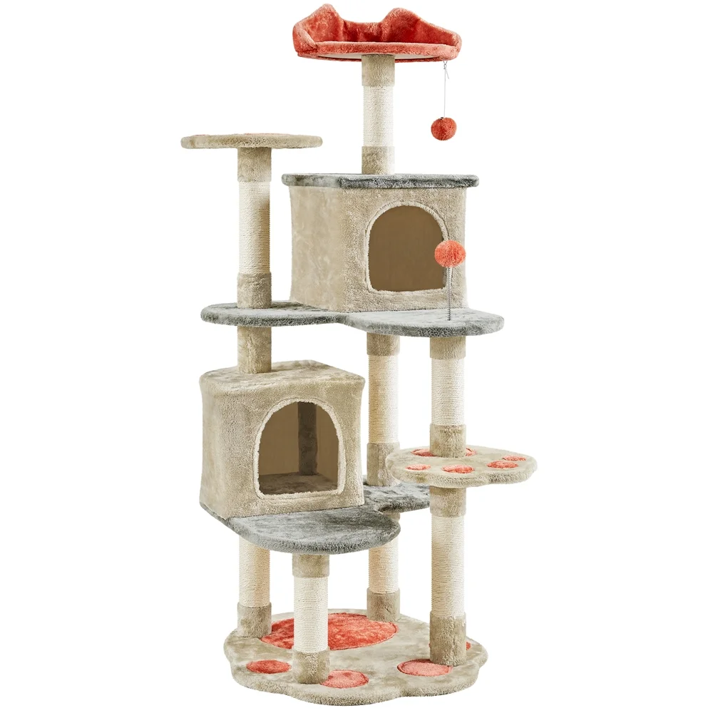 Yaheetech 57.5'' H Cat Tree Paw-Shaped Play Tower with Platform, Condo, Scratching Posts,Beige