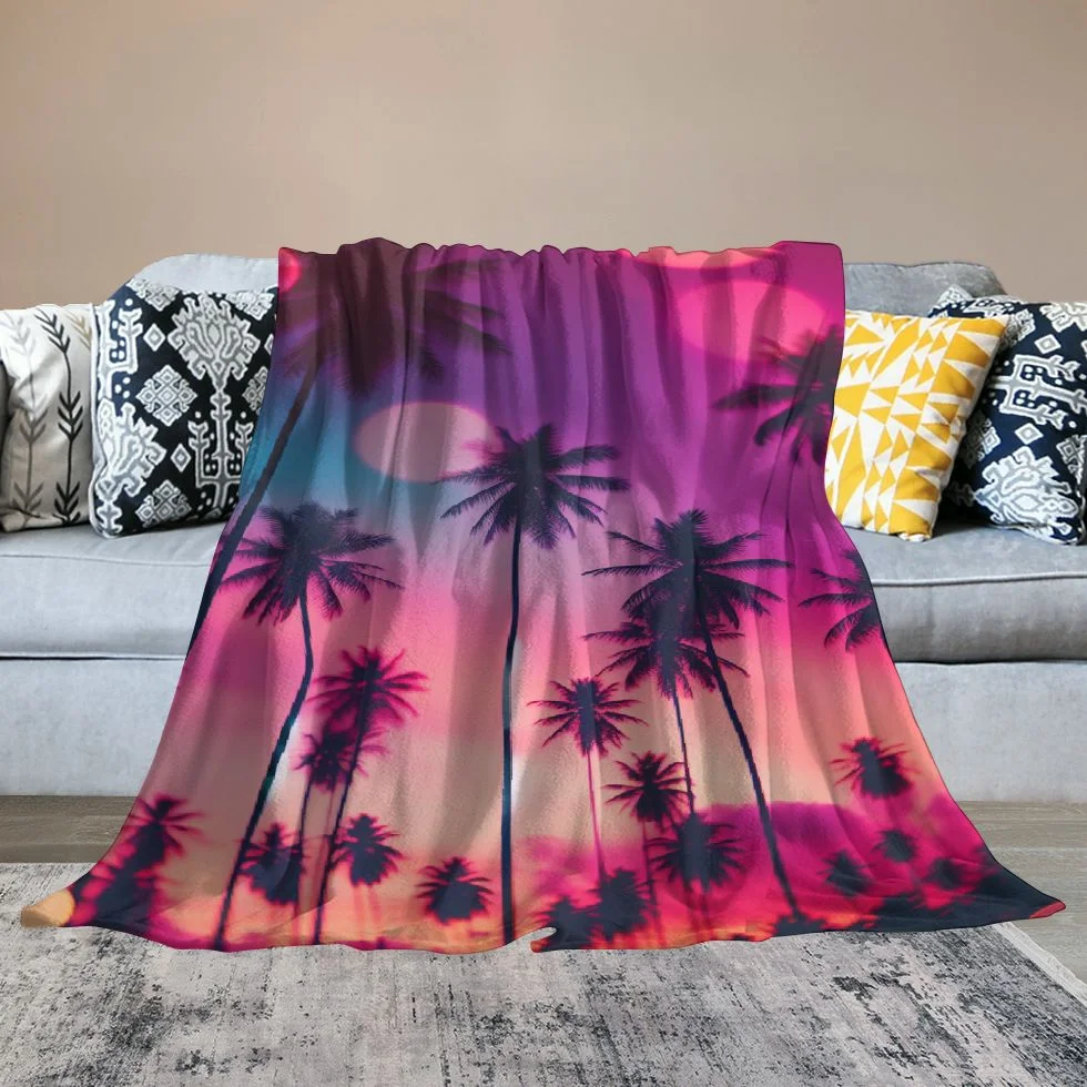 TIAOTIAOHOU Flannel Blanket Nature Palm Trees Hawaiian Tropic Seashore Beach Californian Miami Sunbeams Exquisite Gifts White