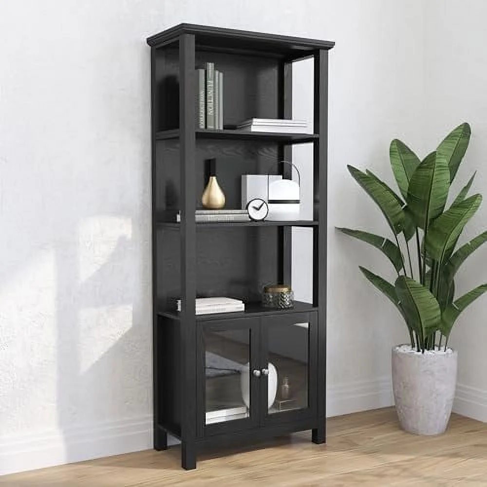 HBROLJF Omaha 67.75" Modern Farmhouse  Cabinet Bookcase in Black  Glass Doors and Open Shelves