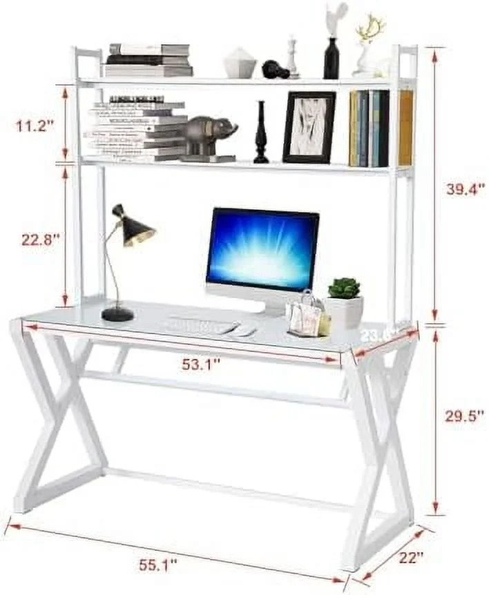 SQFGHB Computer Desk with Shelves - Glass Top and Metal Frame White Desk with 2 Tiers Shelves Modern Computer Desk with  Shelves for Home Office (55.1 inch+Shelves)