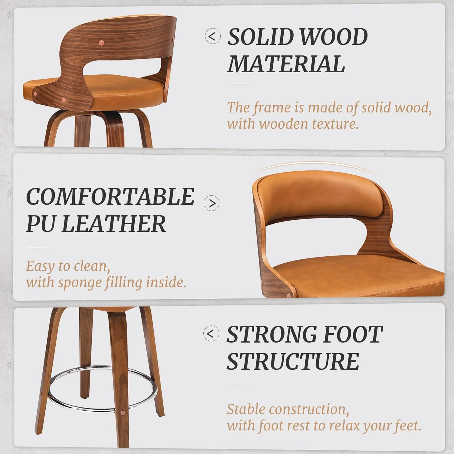 U-ToBe Bar Stools Swivel, Mid Century Modern Bar Stools, 26 Inch Bar Chairs with Hollow Back, Walnut Finish and Faux Leather Seat, Counter Height Barstool Set of 4, Whiskey Brown