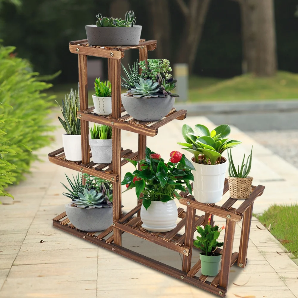 Wobythan Multi-tiers Wooden Plant Stand Balcony Garden Flower Plant Stand Display Shelf