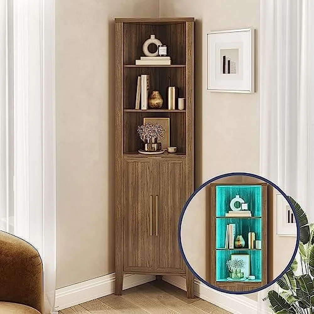 ZFGSUIJN Corner Cabinet with LED Light  70 Inch Corner  with Doors 5 Tiers Display Cabinet with RF Remote Control Tall Corner Bookshelf with Adjustable Shelves for Living Room Home Office