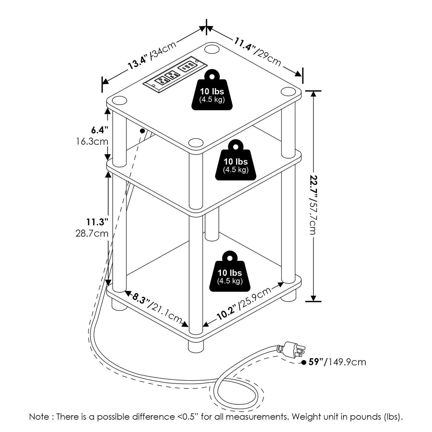 HomeStock 3-Tier Usb And Type-C Charging Port End Table With Open Storage, Flagstaff Oak/Black, Set Of 2
