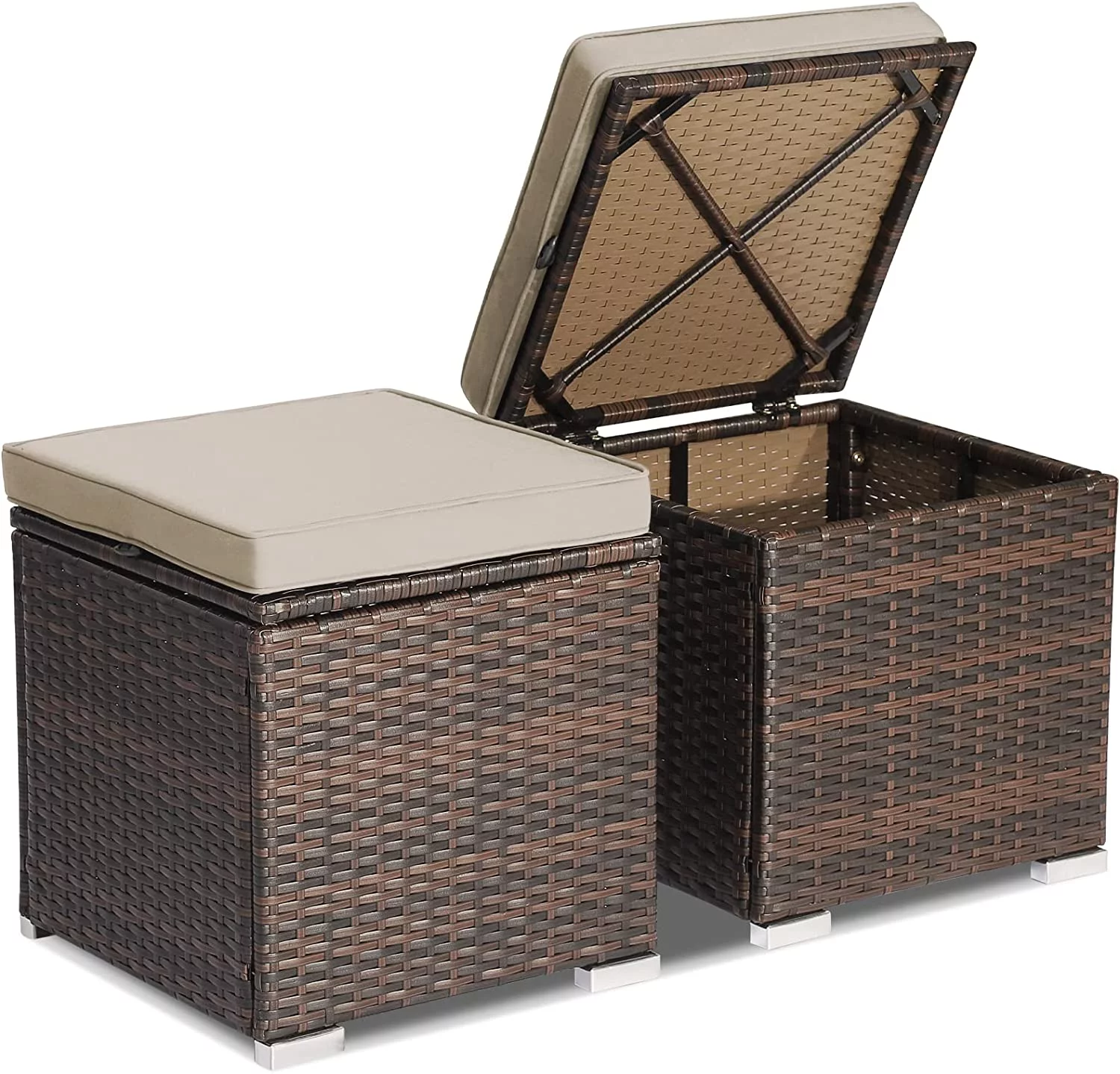 2 Pieces Patio Ottomans, Patiojoy Hand-Woven PE Rattan Side Table with Removable Cushion & Hidden Storage Space, Multifunctional Storage Box, Seat for Patio, Backyard, Poolside (Beige)