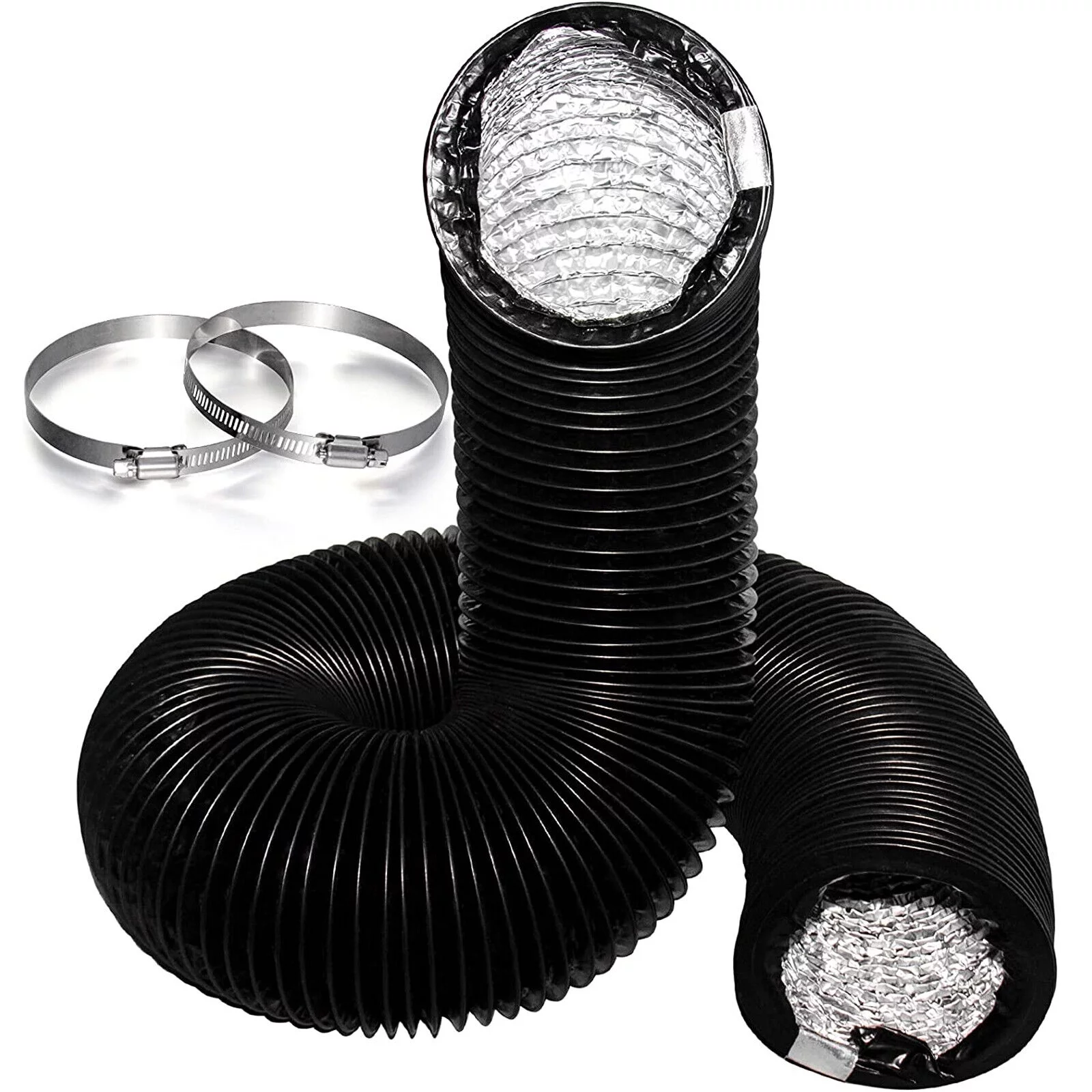WSYW 6inchx10ft Aluminum Ducting Dryer Vent Hose for HVAC Ventilation with 2 Clamps Black