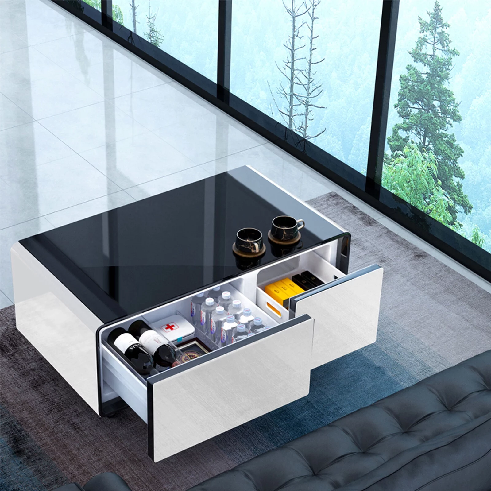 KALEFU Modern Smart Mini Multifunction Coffee Table with Built in Fridge,Outlet Protection,Wireless Charging Module,Mechanical Temperature Control,Power Socket,Usb Interface and Power Interface