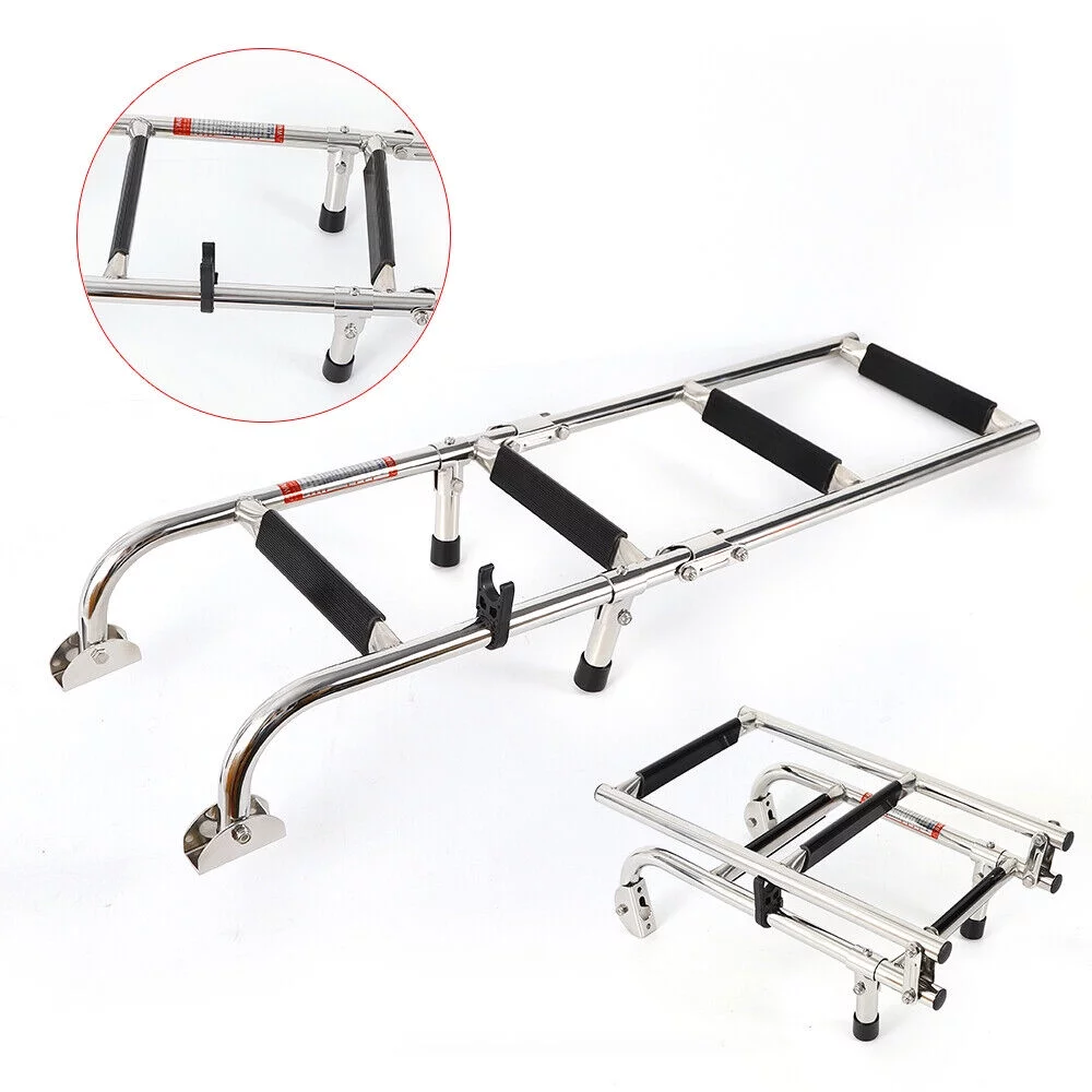 ZhdnBhnos 4 Step Boat Ladder Folding Pontoon Ladder Stainless Steel Telescopic Marine Boat Ladder