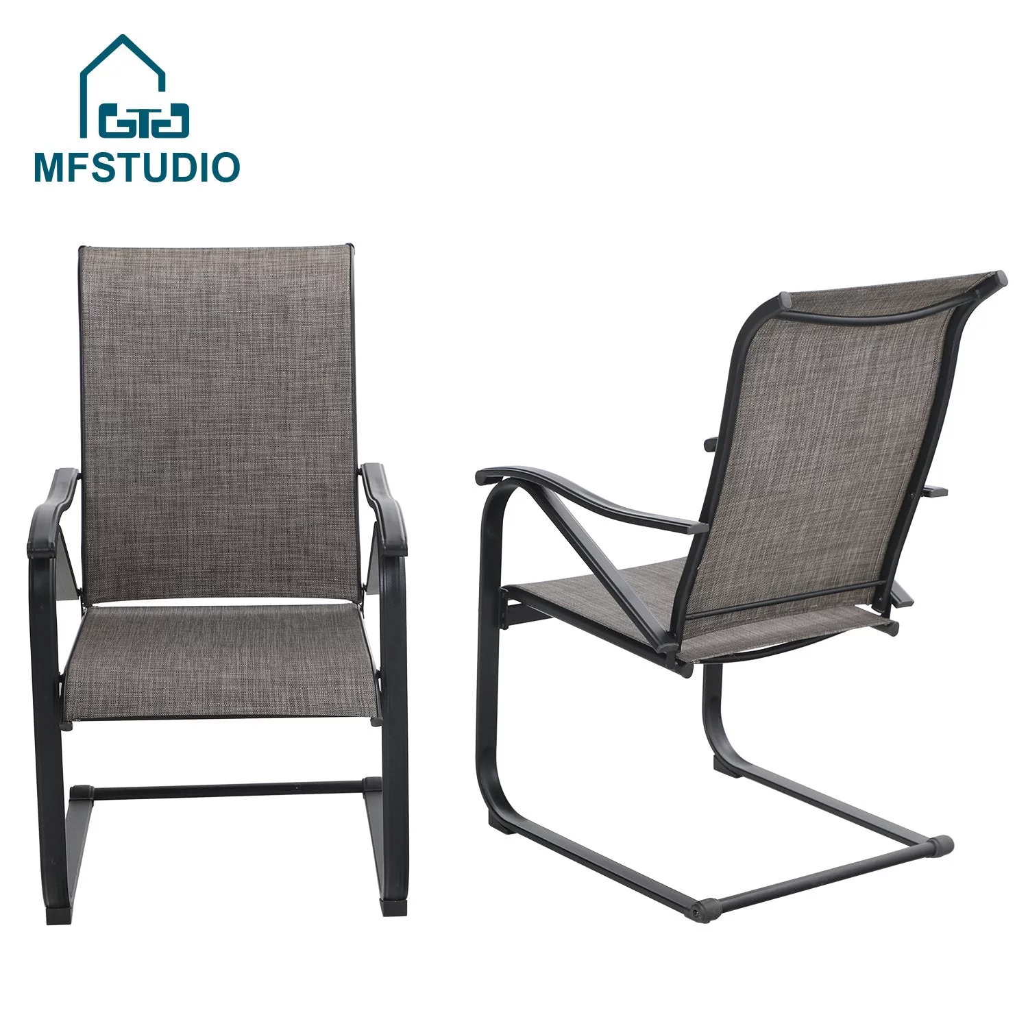 MF Studio Set of 2 Outdoor Patio  Dining Chairs with C-shape Rocking and Textilene Seat, Gray