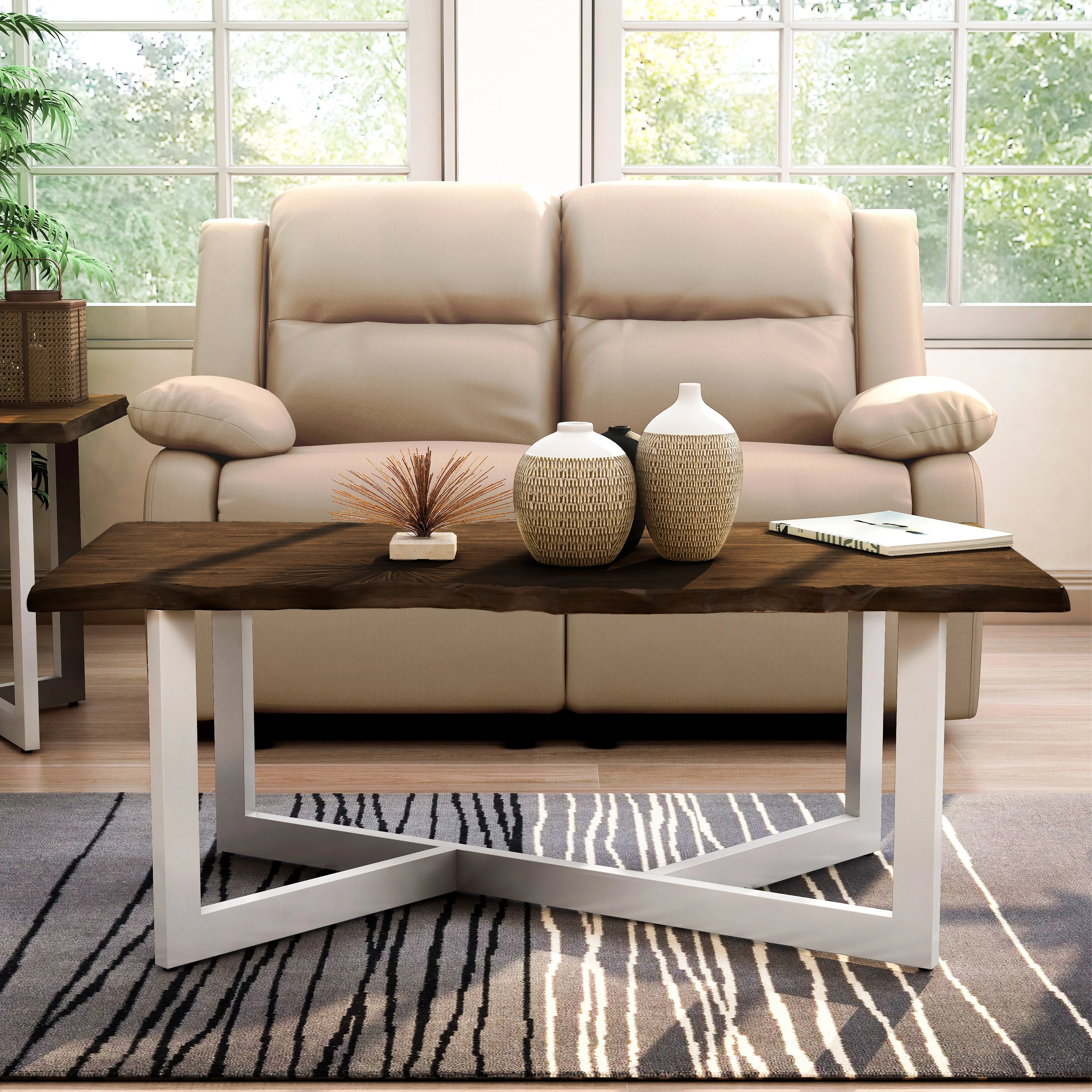 Furniture of America Kinlen Transitional Oak and White 47-inch Metal Coffee Table by