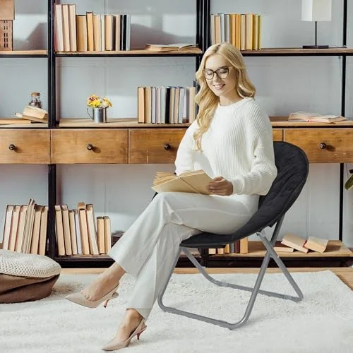 RSJIWOGZ Folding Faux Fur Saucer Chair Soft Plush Lounge Chair  Chair with Metal Frame for Bedroom  Living Room  Dorm Rooms  Apartments and Courtyard  Black