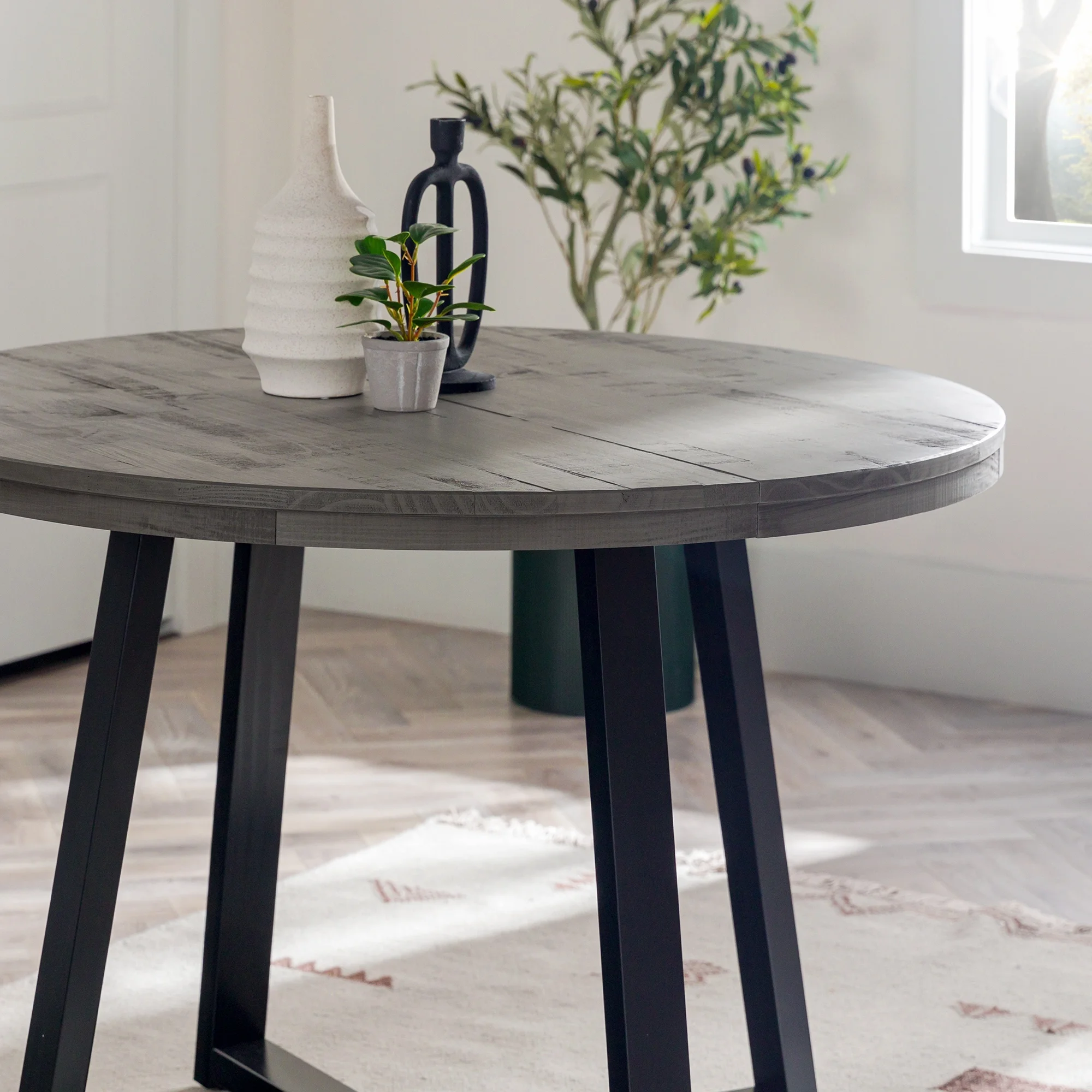 Walker Edison 42” Rustic Distressed Solid Wood Round Dining Table, Grey/Black