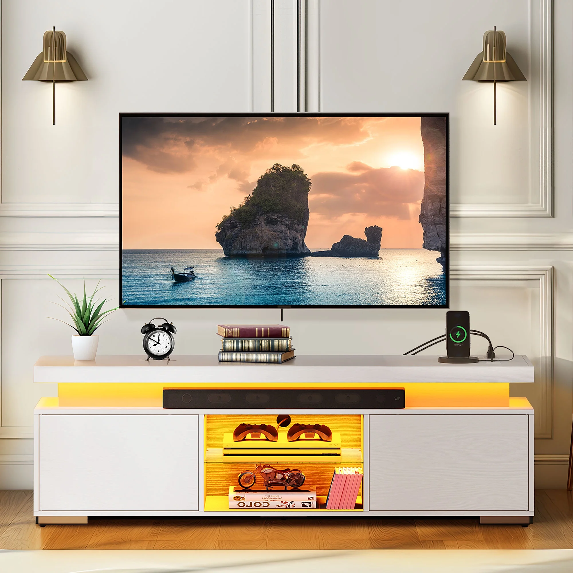 DEXTRUS LED Entertainment Center with Power Outlets, Modern TV Stand for 55/60/65 inch, Universal Gaming LED TV Media Stand w/Large Storage, White