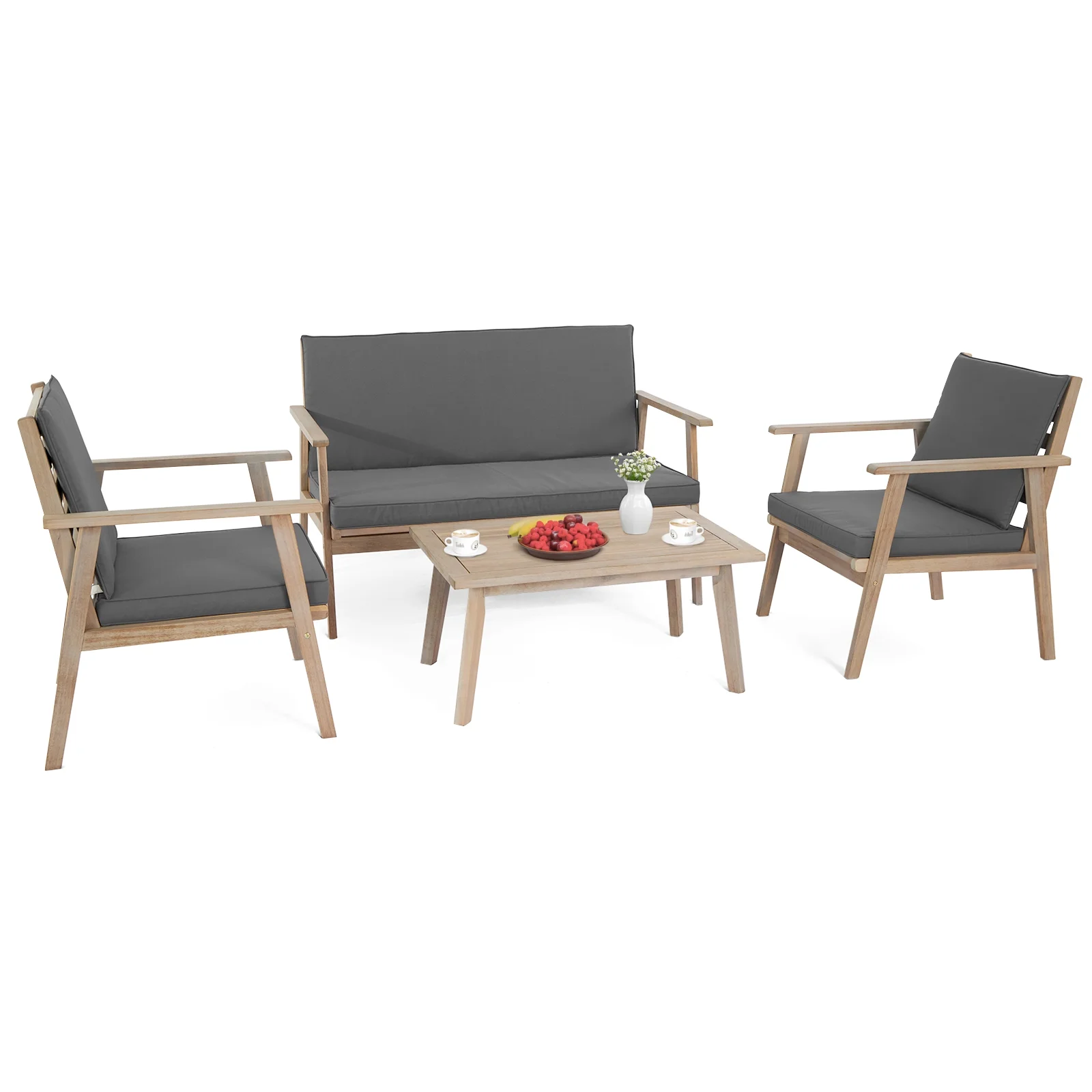 Ktaxon 4-Piece Outdoor Wicker Bistro Set w/ Glass Top Side Table, Acacia Wood Conversation Set for Patio Garden Deck