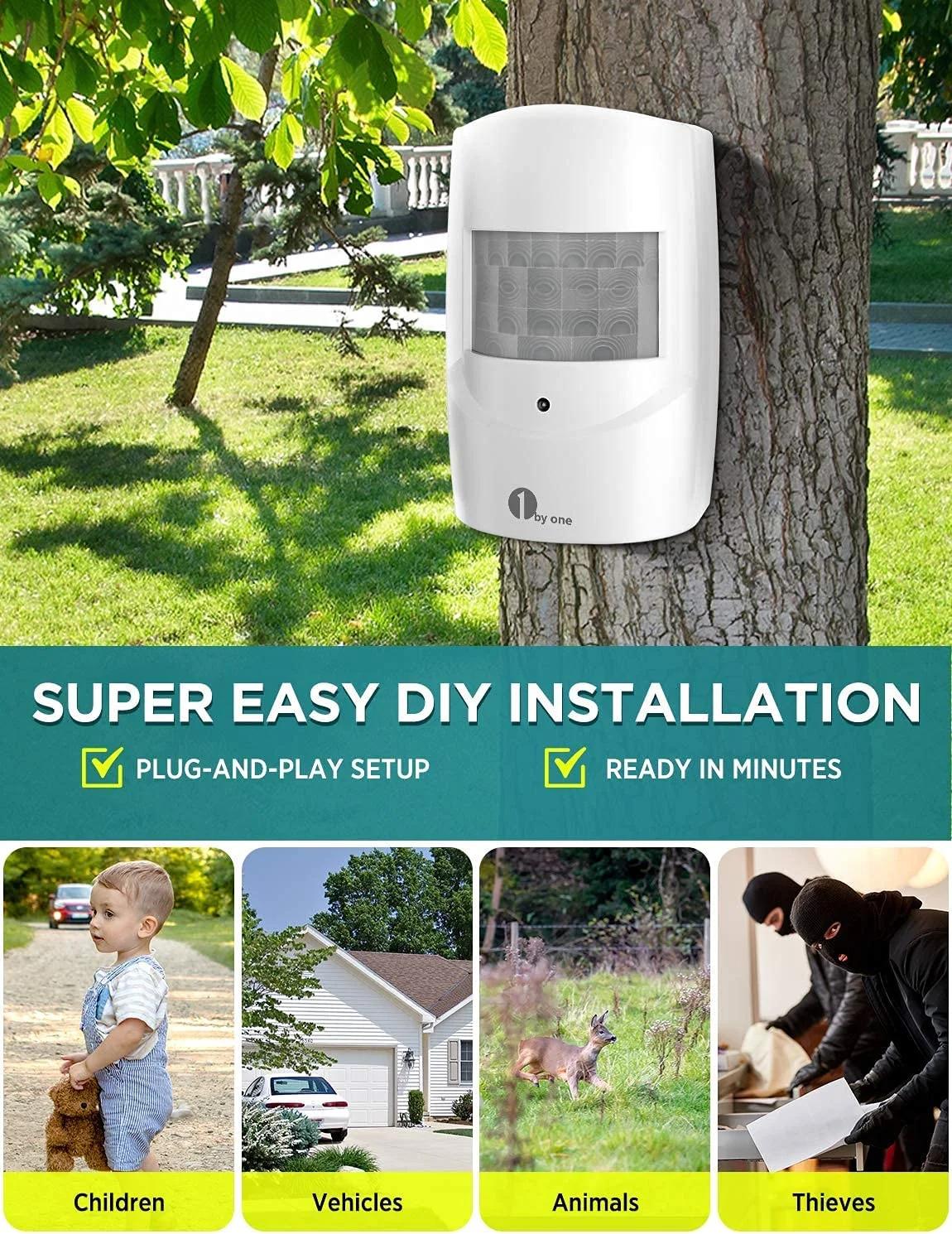 1byone Driveway Alarm, Home Security Alert System with 36 Melodies, 1 Plug-in Receiver and 1 Weatherproof PIR Motion