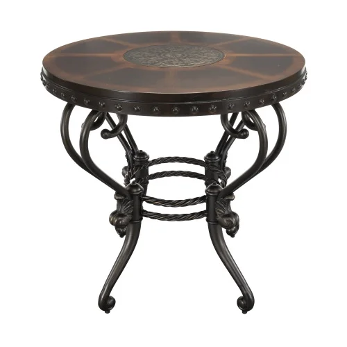 DremFaryoyo Formal Traditional End Table 1pc Round Decorative Top Curved Metal Base Living Room   Dark Cherry Finish