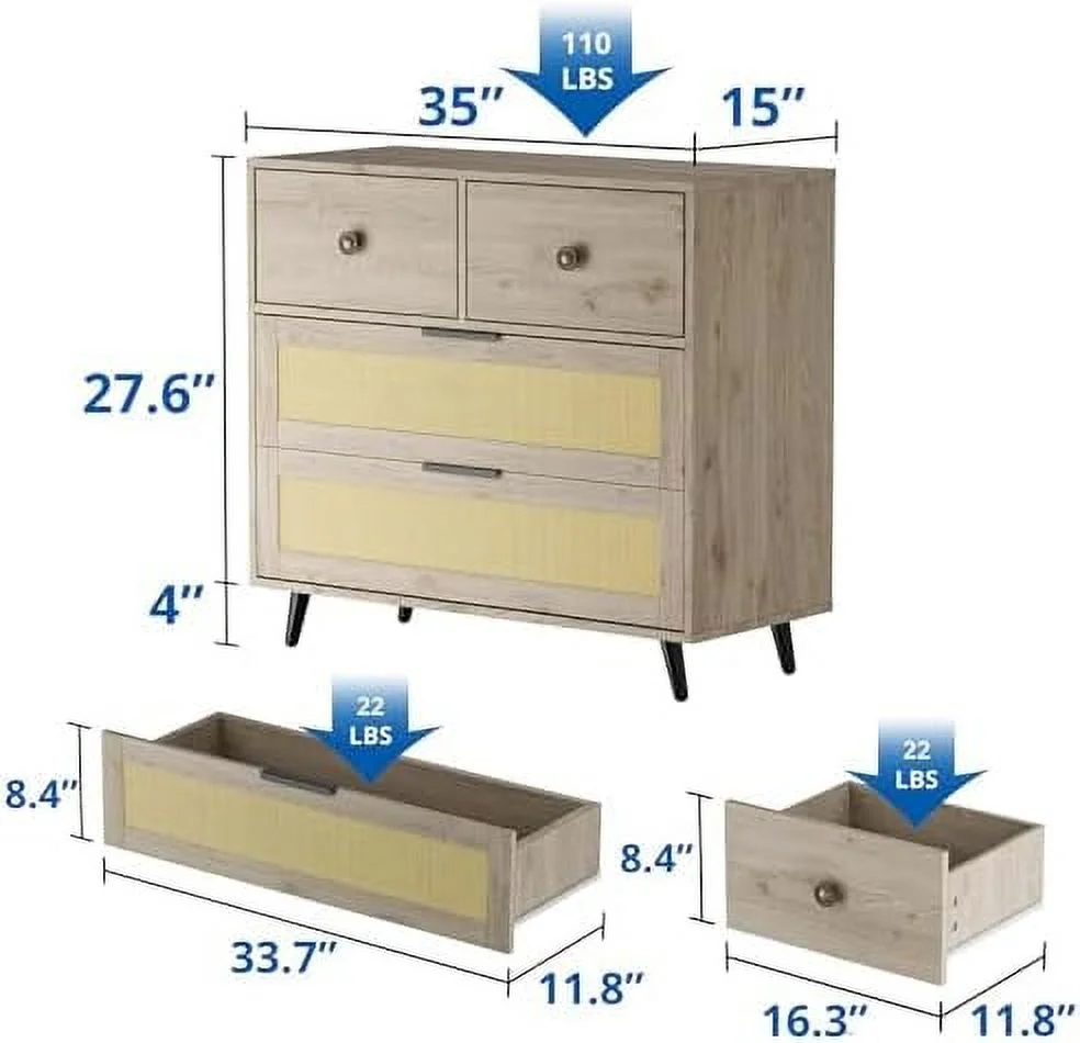 JYHOME Small 3 Drawer Dresser  Mid-Century Modern Rattan Dresser Chest with Metal Handles  Wood  Cabinet of Drawers for Bedroom  Living Room  Hallway  Entryway  Oak