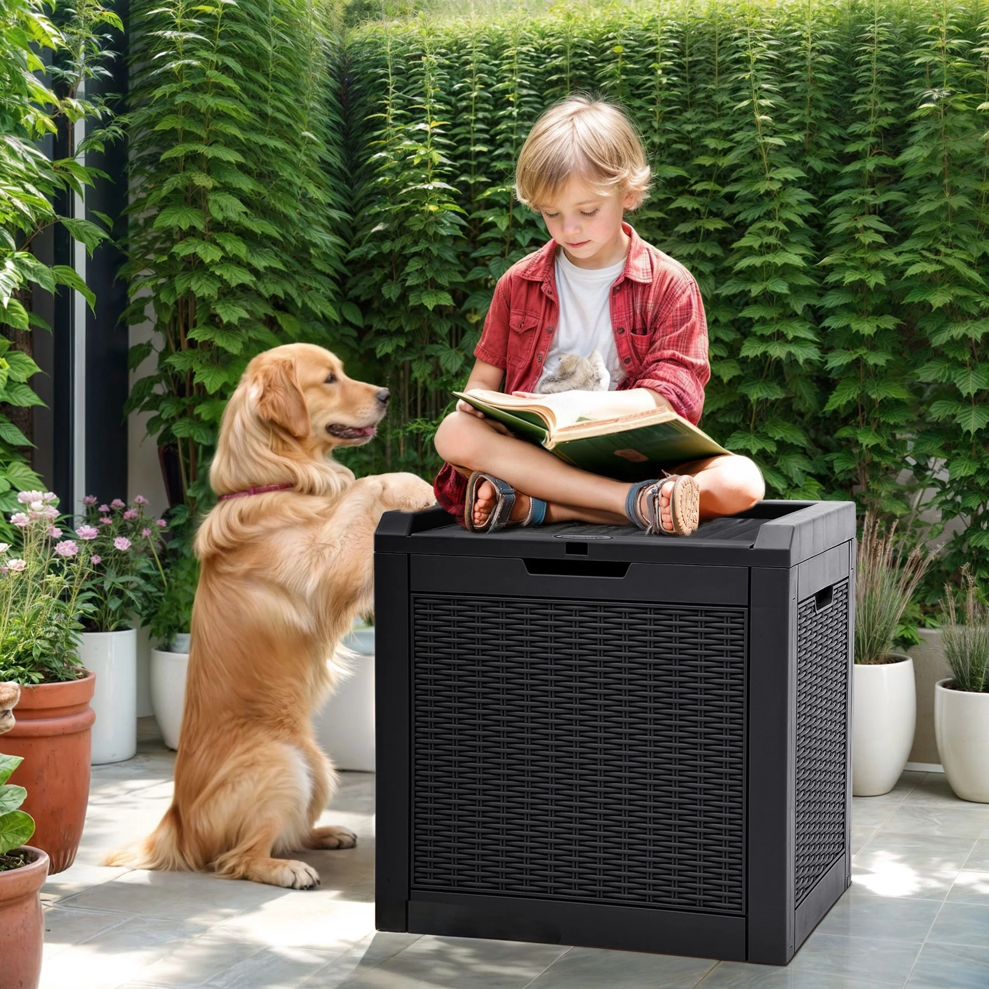 ModFusion Waterproof Resin Rattan 32 Gallon Deck Box with Lockable Lid - Black