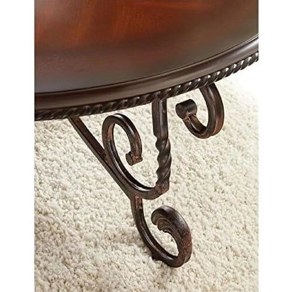 Traditional Round Wood End Table, Metal Base With Solid Wood Top, Cherry Finish
