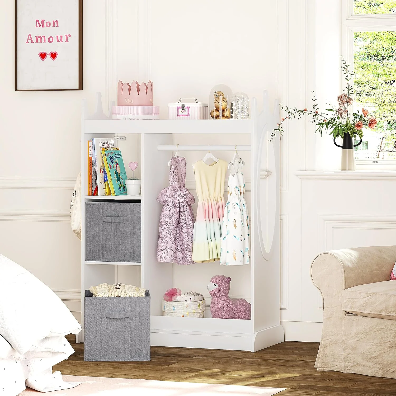 HYUN Kids Play Armoire with Mirror, Storage Bins and Closet for Dress Up and Costumes (White)