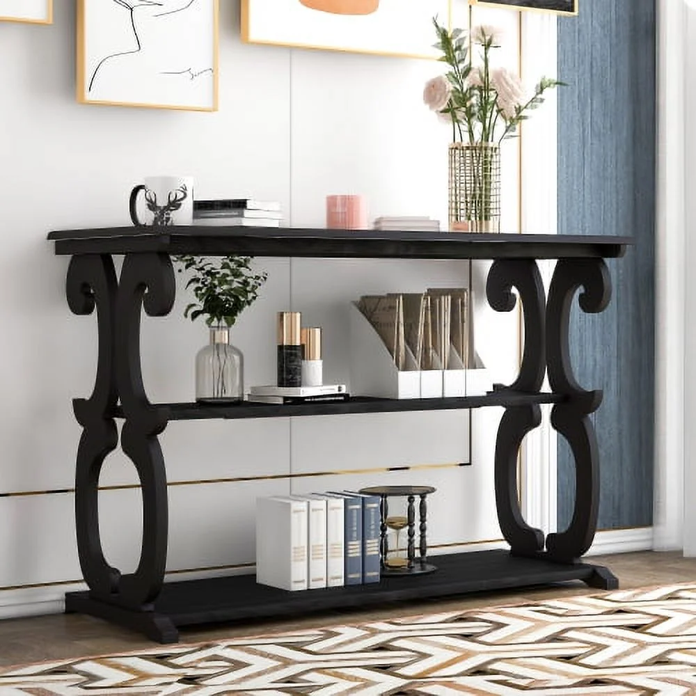Wulawindy Console Table Sideboard for Entryway with 3-Tier Open Storage Shelf, Vintage Carved Design Livingroom (Navy Blue)