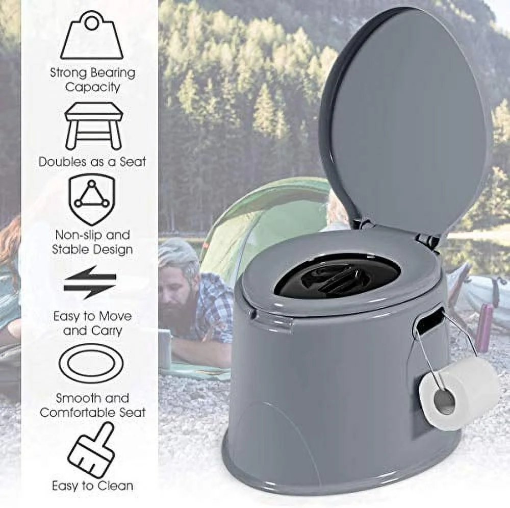HAPPYGRILL Portable Toilet Outdoor Travel Toilet RV Potty with Detachable Inner Bucket and Toilet Paper Holder, Mini Toilet for Camping Boating Hiking Trips