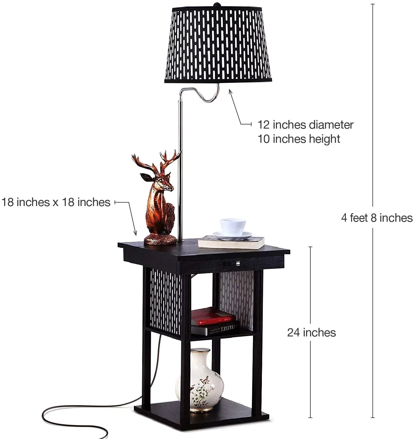 Brightech Madison - Narrow Nightstand with Built in Lamp, USB Port & Shelves - Mid Century & Attached Floor Lamp for Living Rooms - Side Table & Reading Light - Classic Black With Pattern Shade