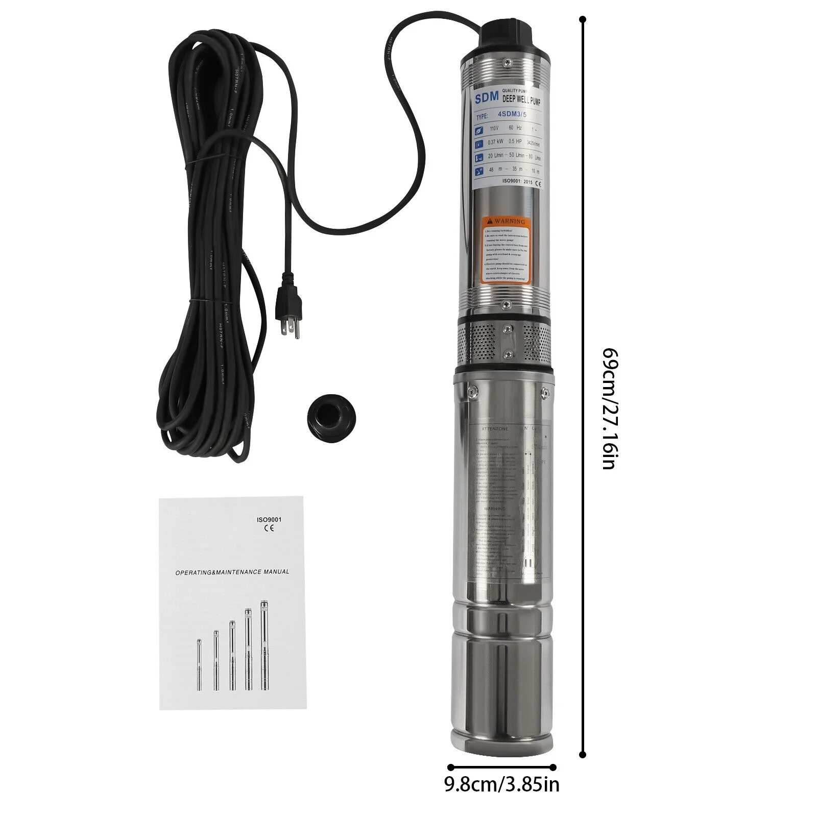 ZhdnBhnos 110V 370W Electric Powered Deep Well Pump 1/2HP 16GPM Submersible Pump Stainless Steel Water Pump